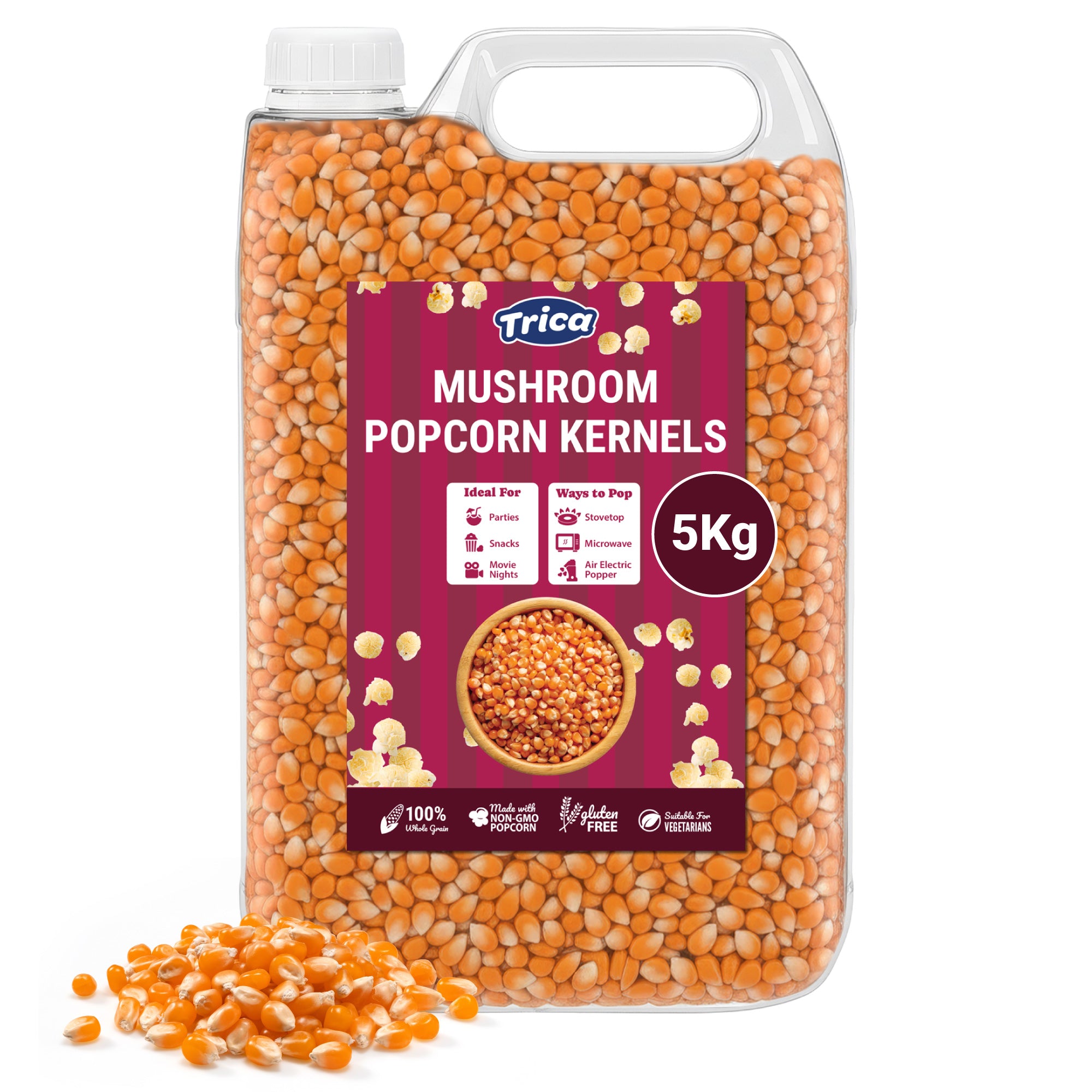 A package of Trica mushroom corn kernels, 5kg, with options for popping methods (stovetop, microwave, air electric popper).