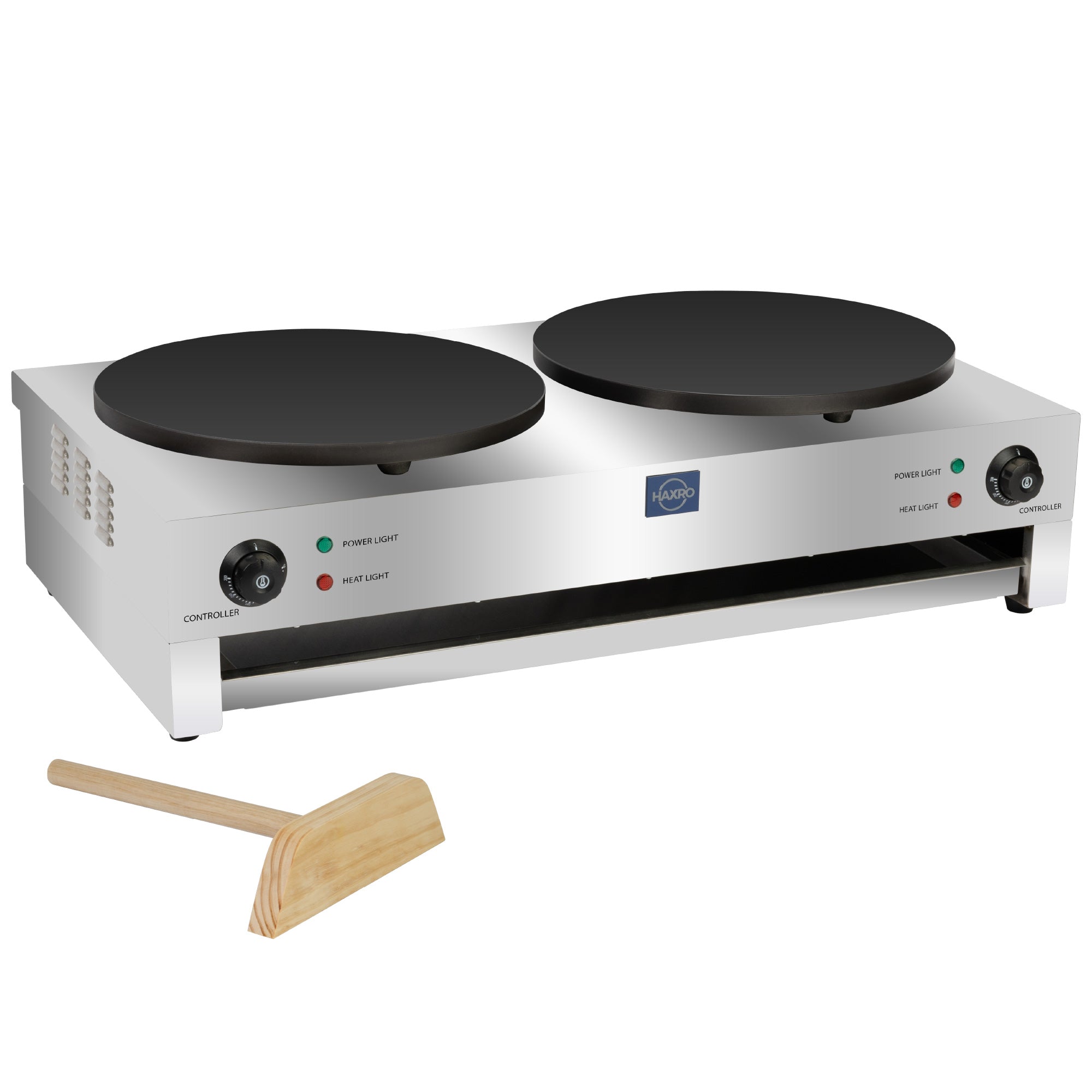 A double hot plate crepe maker with a sleek, silver finish, featuring control knobs and indicator lights. A wooden spatula is placed beside it.