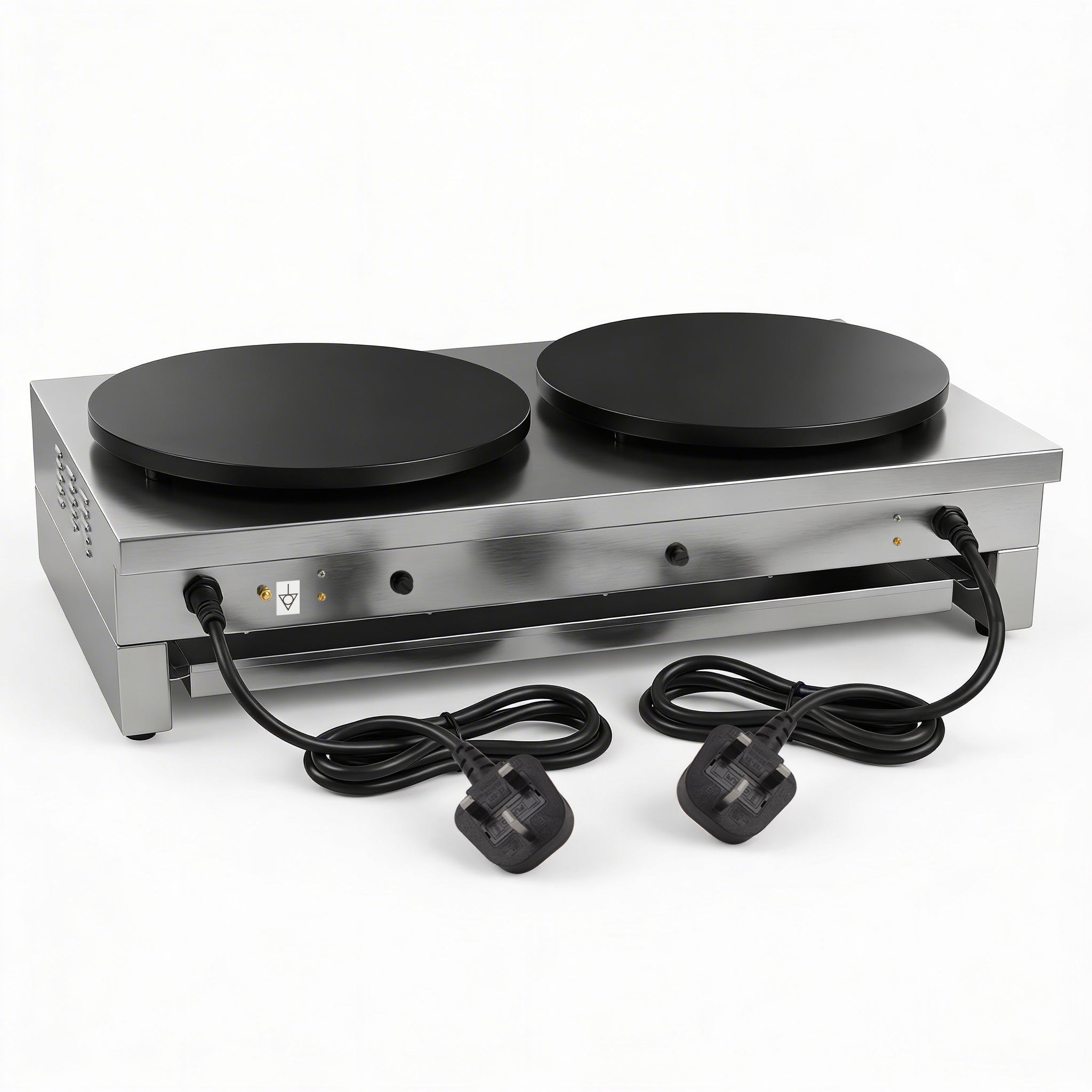 Stainless steel double crepe maker with two round black heating surfaces and two attached power cords. The appliance is sleek and modern.