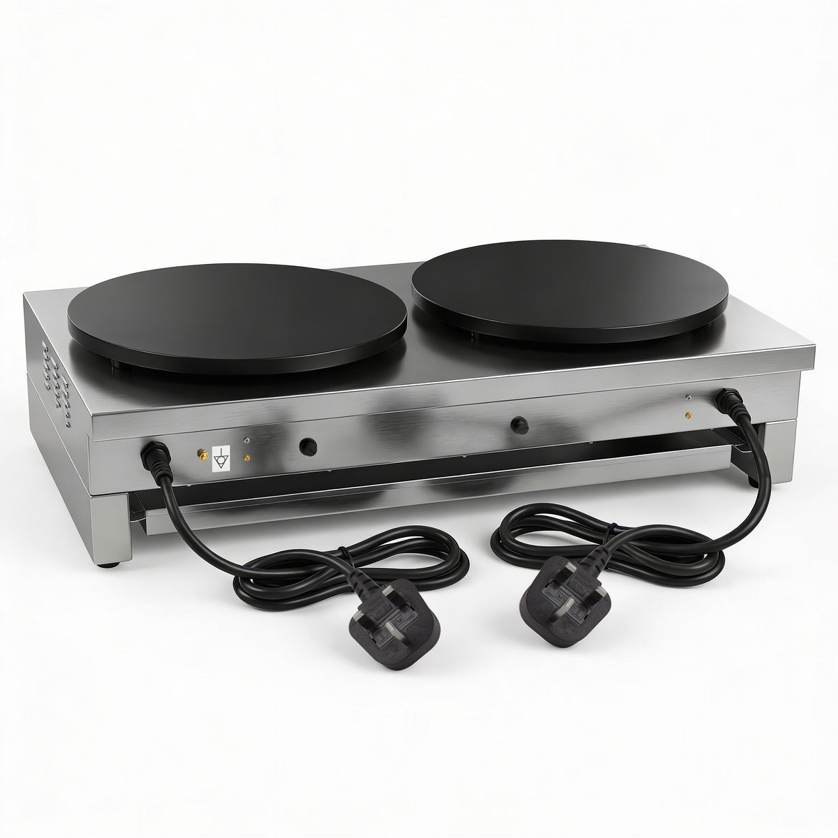 Stainless steel double crepe maker with two round black heating surfaces and two attached power cords. The appliance is sleek and modern.
