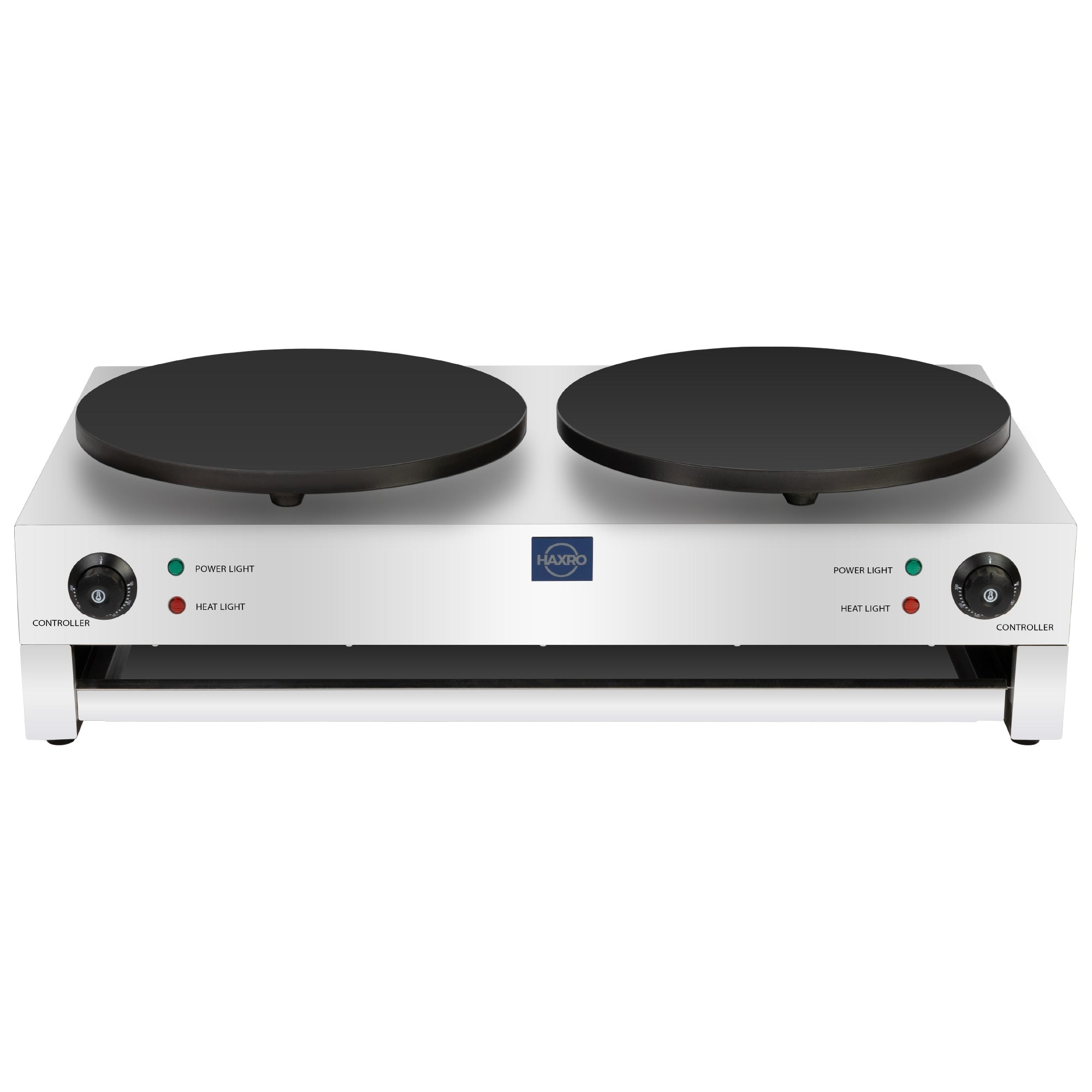 Double burner electric crepe maker with a sleek stainless steel body. Features two black round heating plates, power and heat indicator lights.