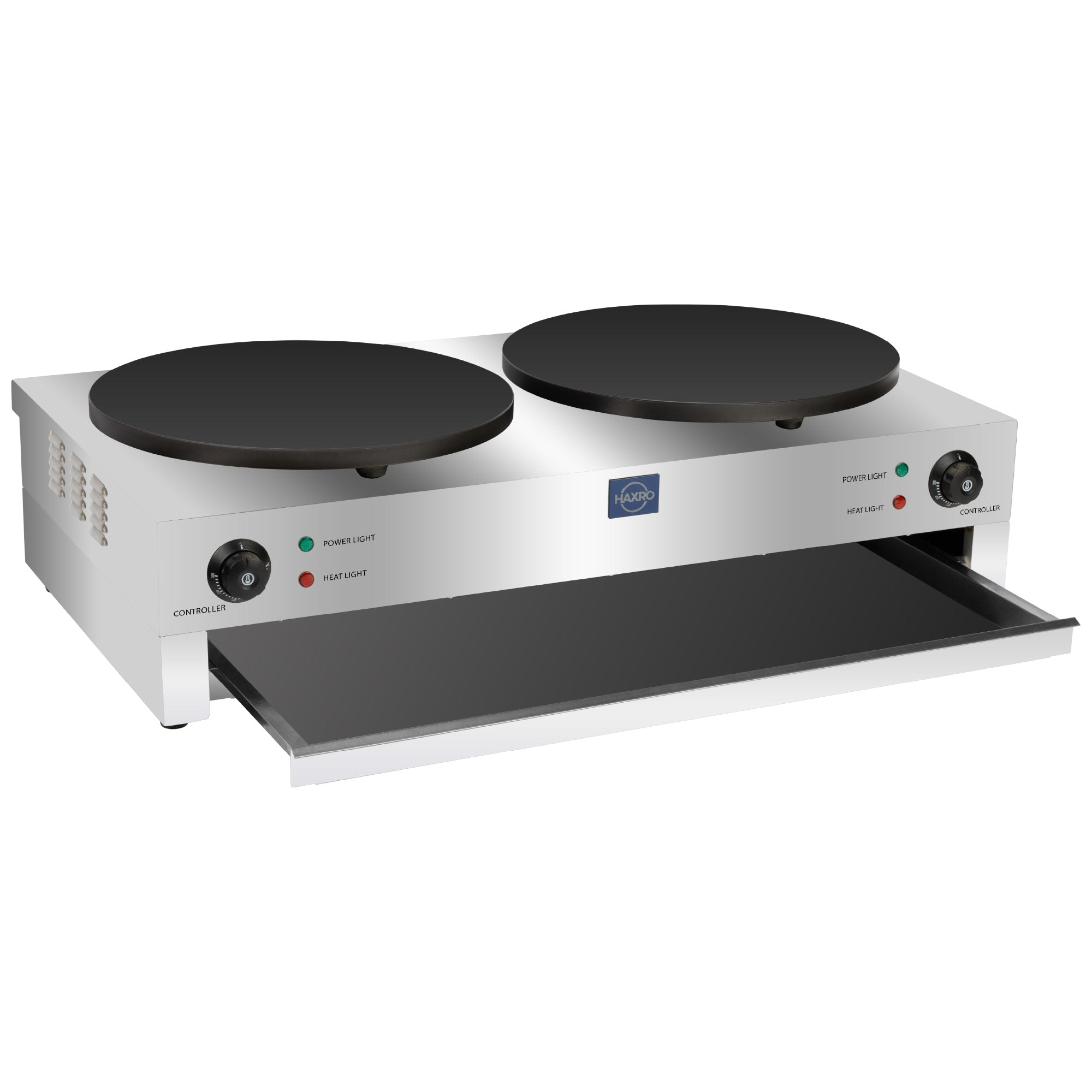 Stainless steel double crepe maker with two black cooking plates, control knobs, power and heat lights on the front, and an open tray beneath.
