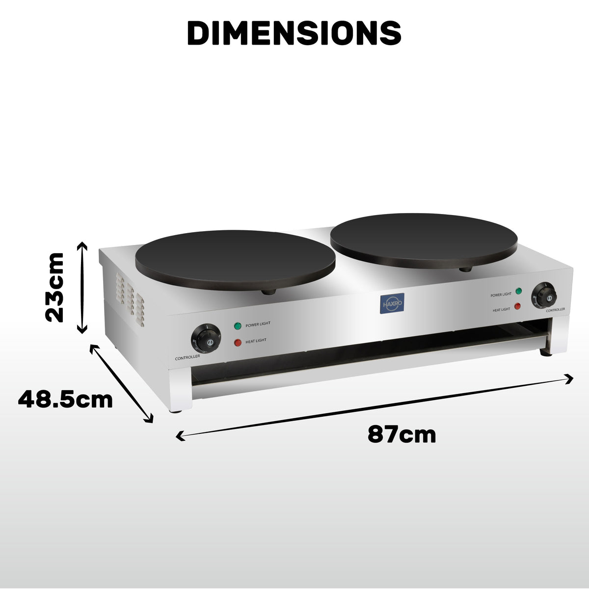 Two-burner stainless steel appliance with dimensions: 87cm wide, 48.5cm deep, 23cm tall. Control knobs and power indicators visible.