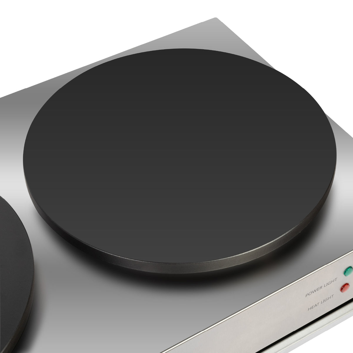 Single black electric burner on a stainless steel hot plate, featuring power and heat indicator lights. Sleek, modern kitchen appliance design.