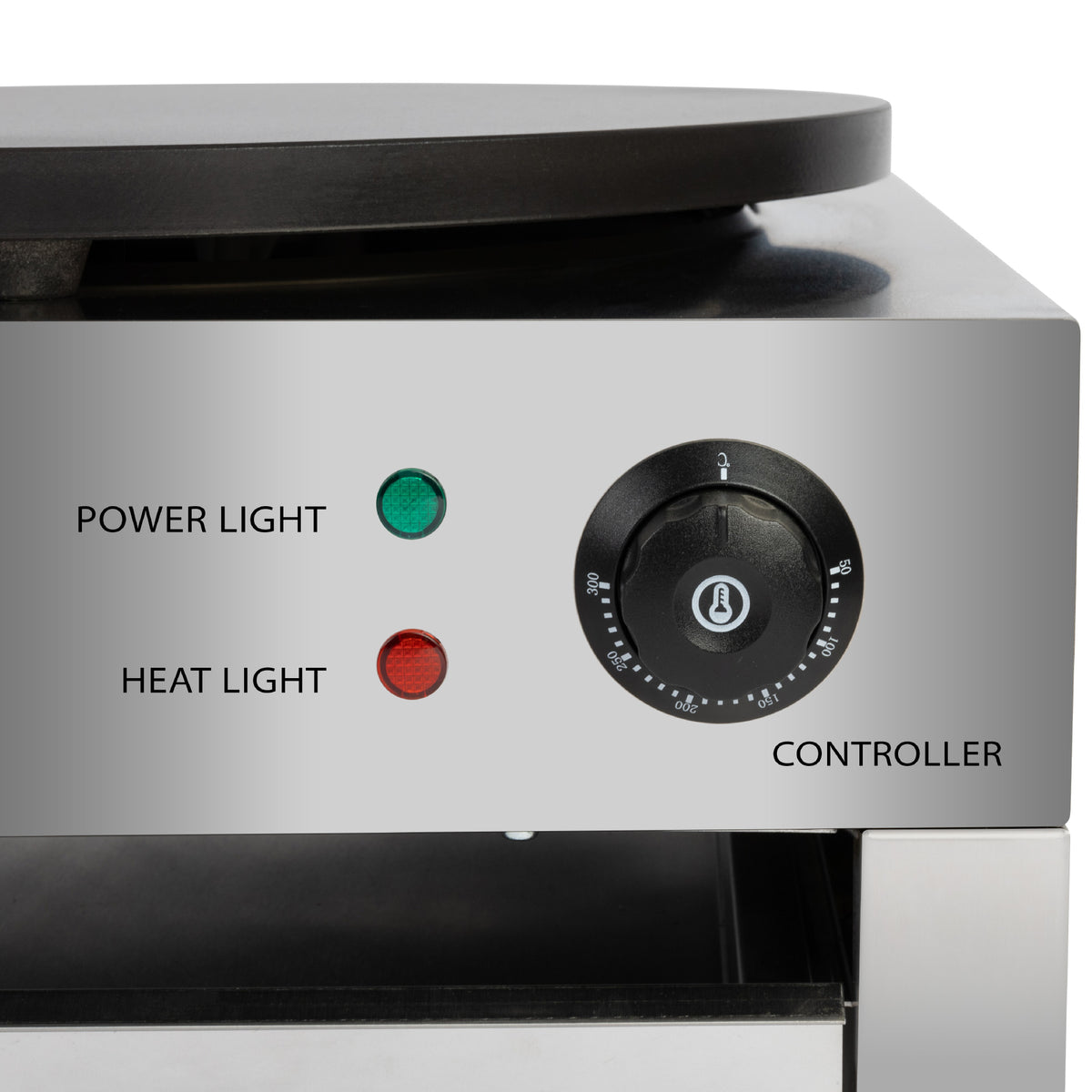 A stainless steel appliance close-up showing a black dial controller on the right, green and red indicator lights labeled "Power Light" and "Heat Light."