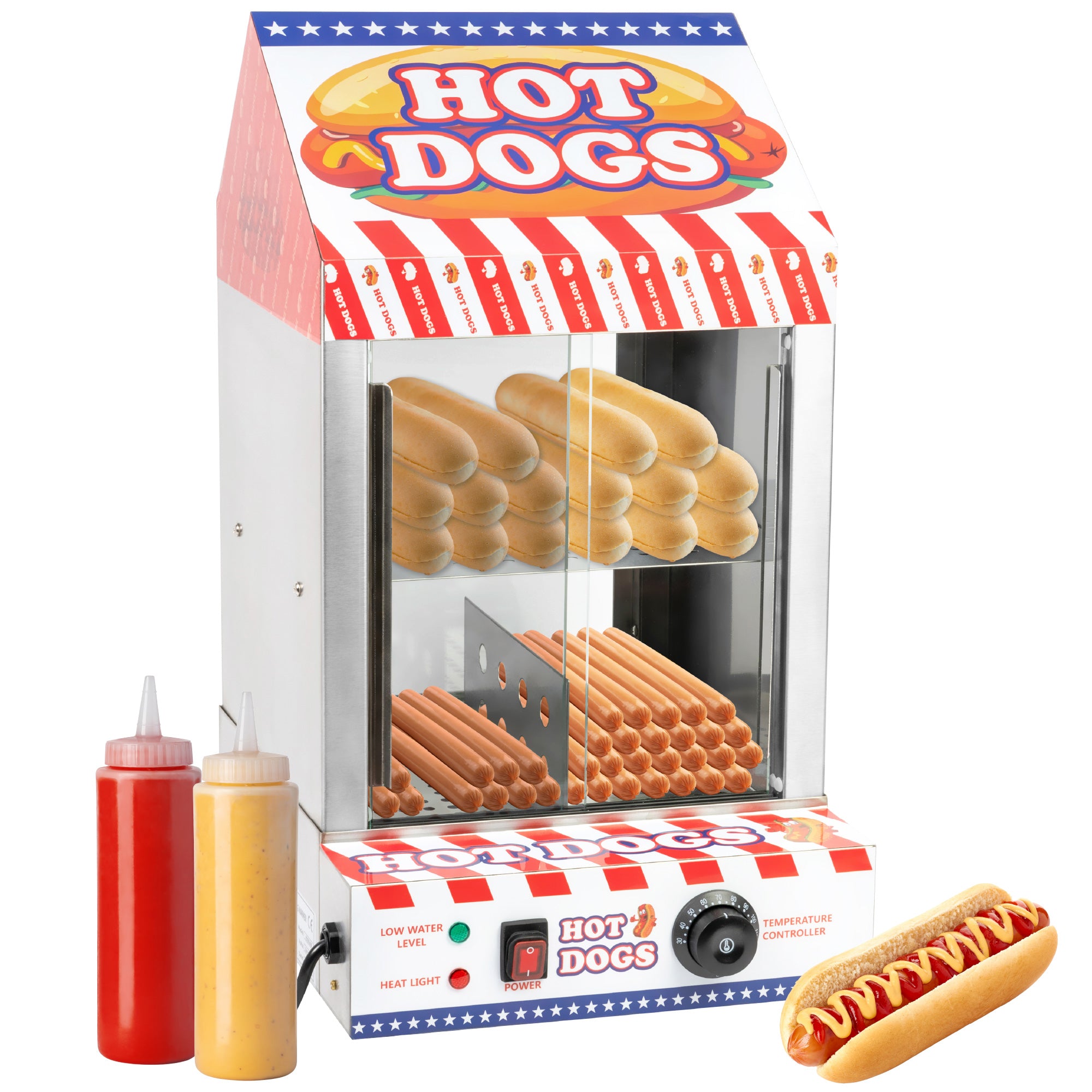 A hot dog vending machine with hot dogs displayed inside and condiment bottles in red and yellow.