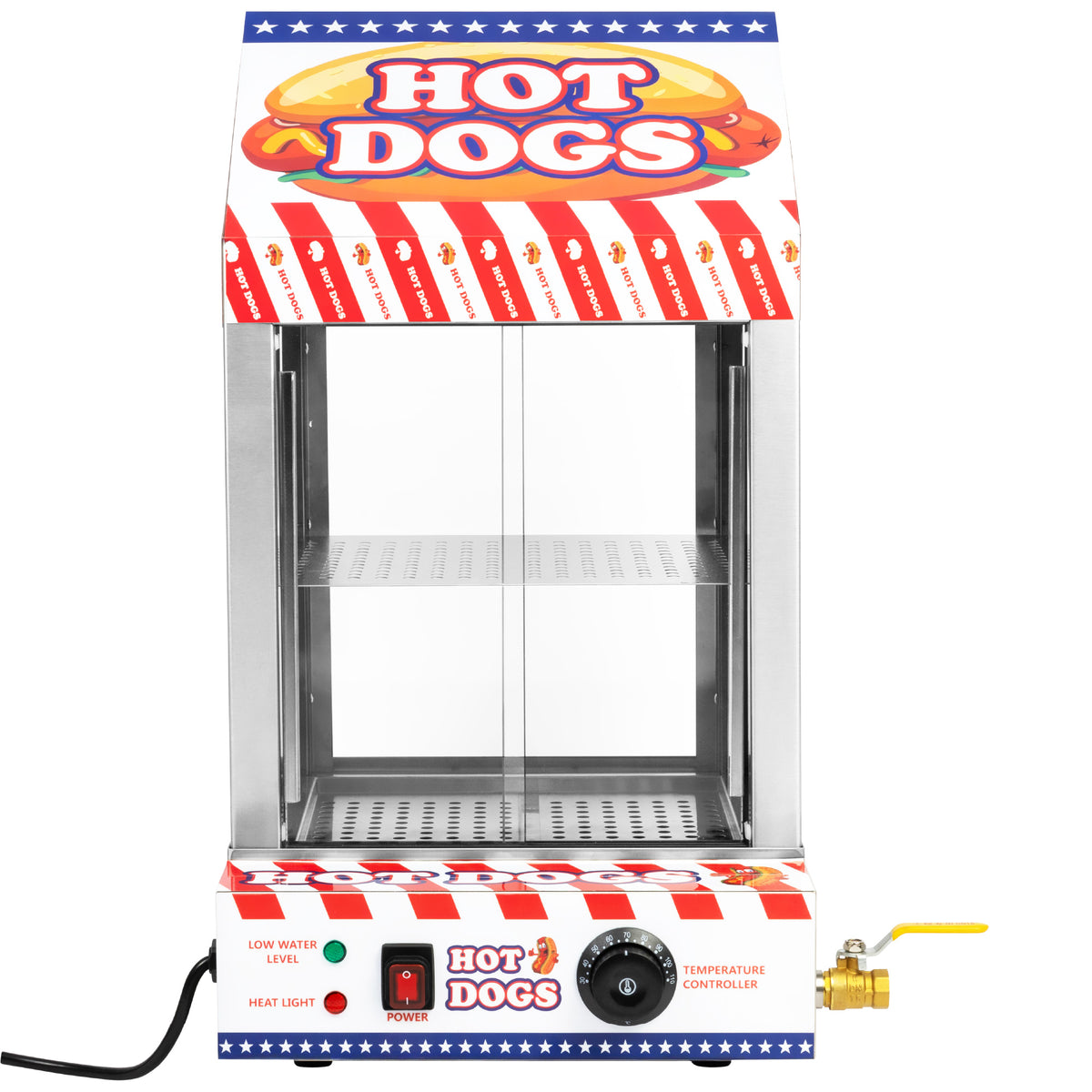 A hot dog warmer display with a striped awning, featuring a clear glass front, shelves inside, and controls on the front for power and temperature.