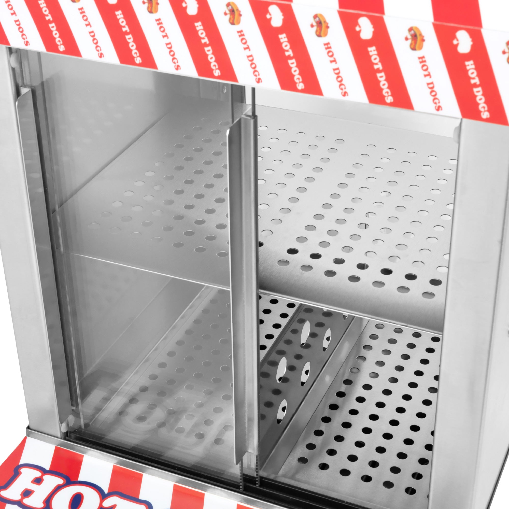 A stainless steel hot dog warmer with a striped red and white design, empty interior and perforated shelves for holding hot dogs.