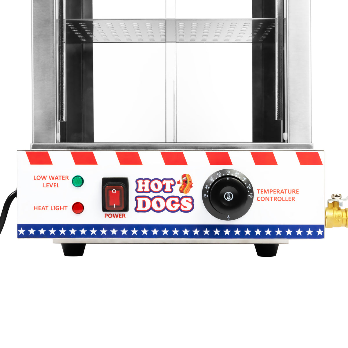 Hot dog warmer with adjustable temperature control and power switch.