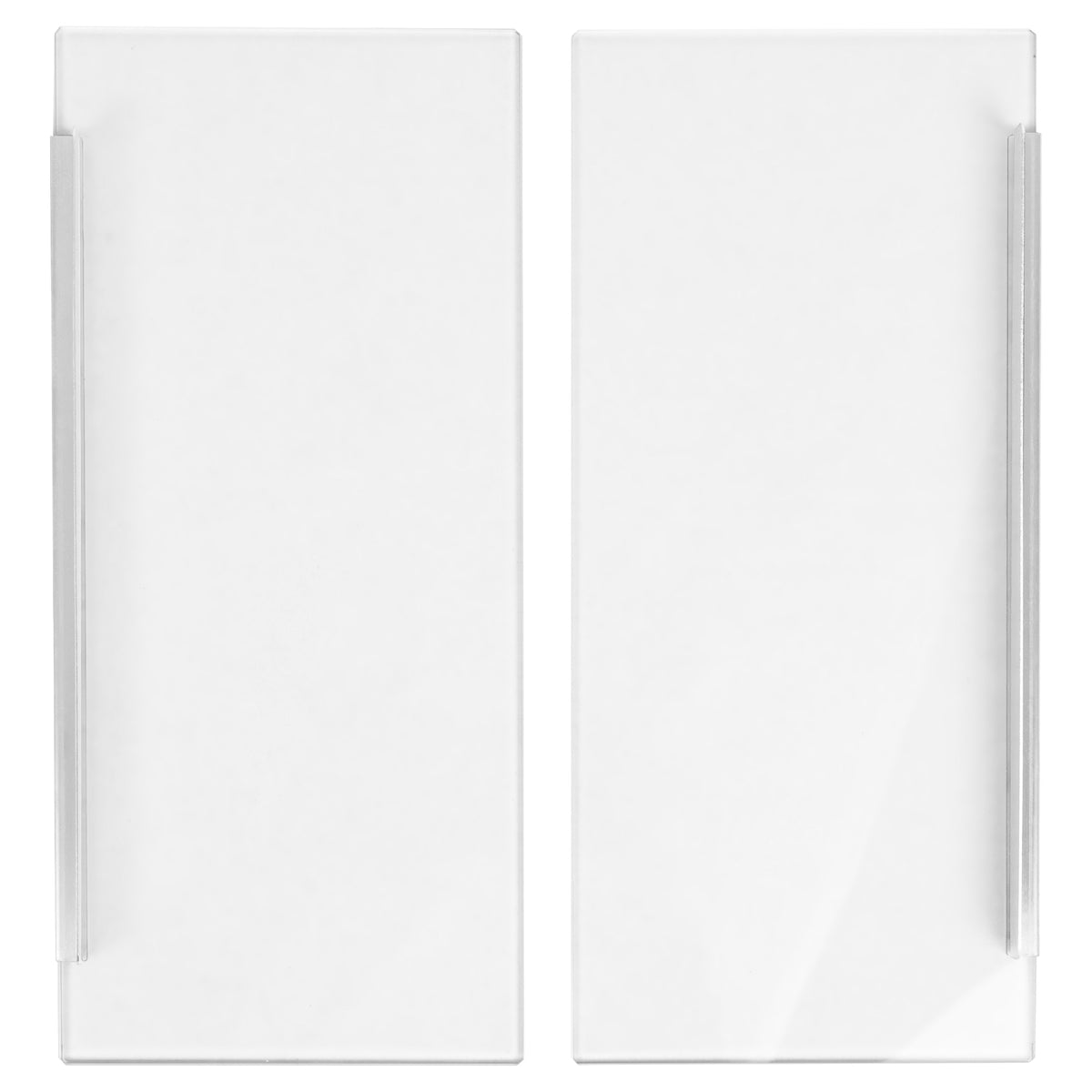 Two clear glass cabinet doors with simple silver handles.