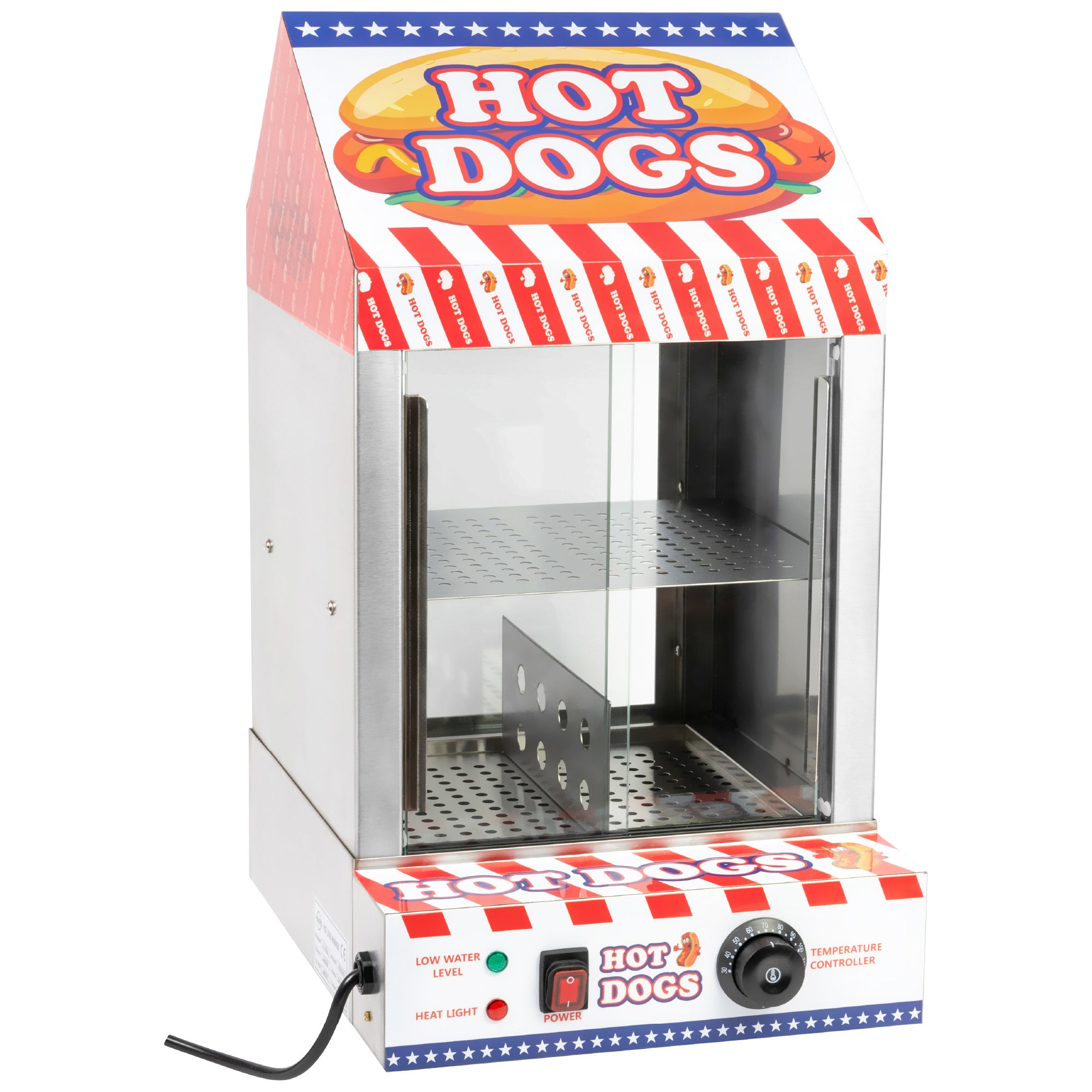 A hot dog vending machine with a retro design, featuring a red, white, and blue color scheme and a sign that says "HOT DOGS" at the top. The machine has a glass front, shelves for displaying hot dogs, and control knobs at the bottom.