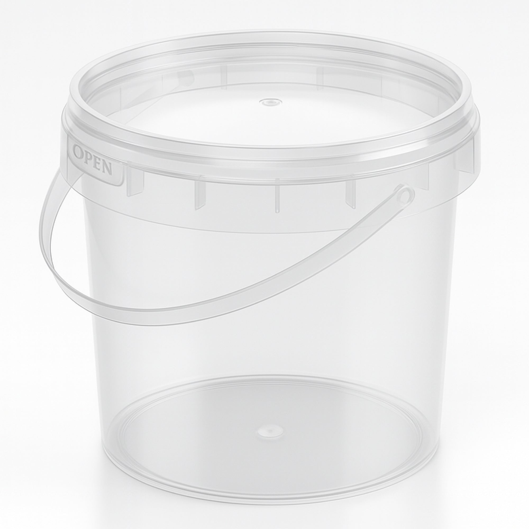Transparent plastic pail shown at an angle with a side handle and secure lid.