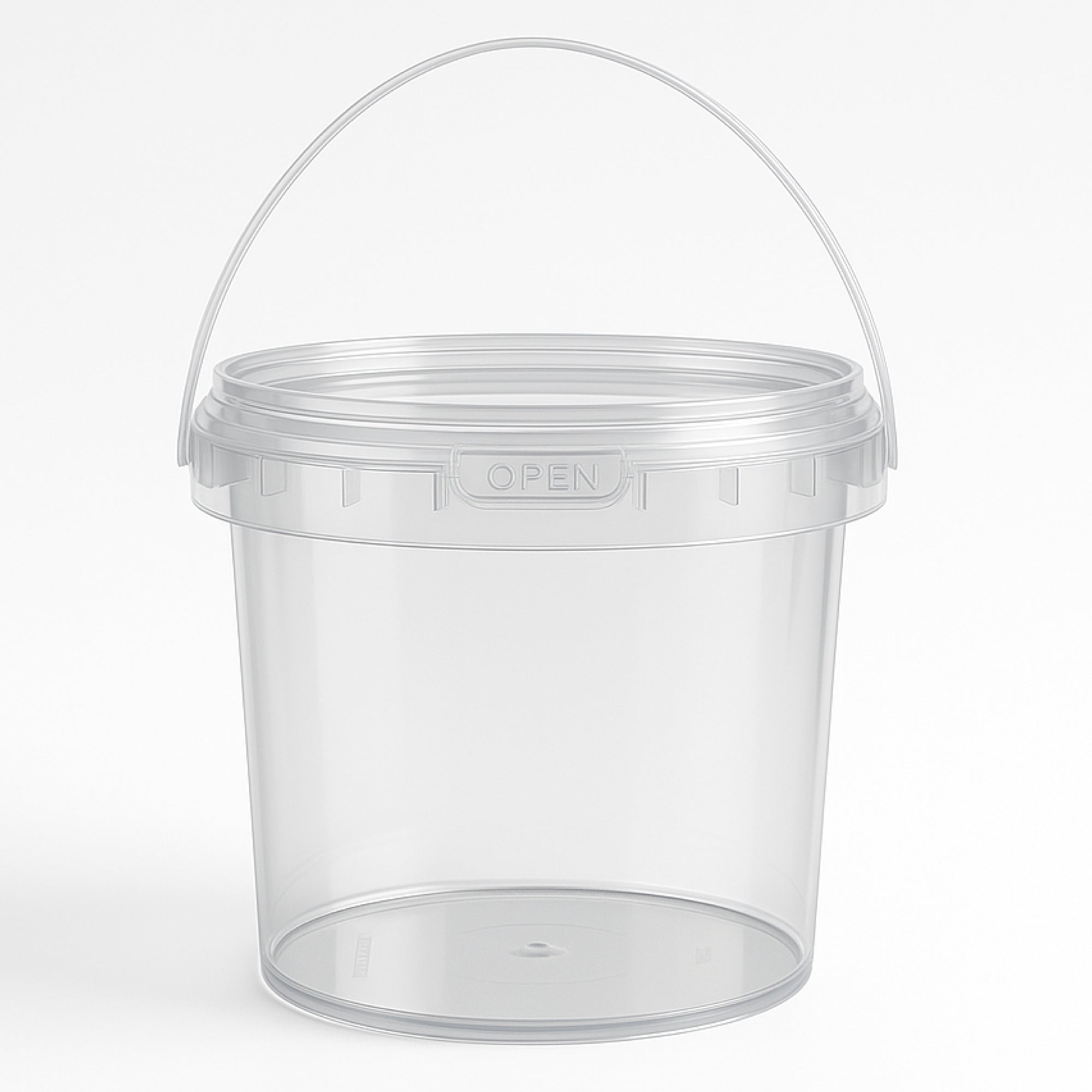 Clear plastic bucket with a handle and snap-on lid, labeled “OPEN” on the rim.