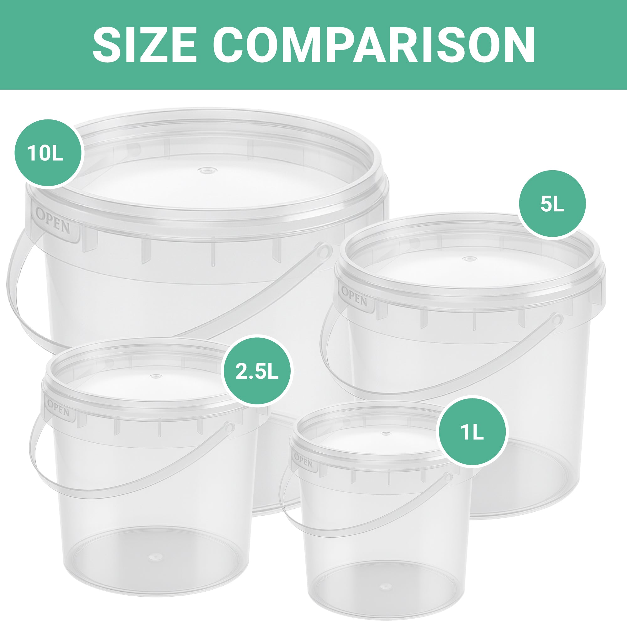 ize comparison chart of clear plastic buckets labeled 10L, 5L, 2.5L, and 1L.