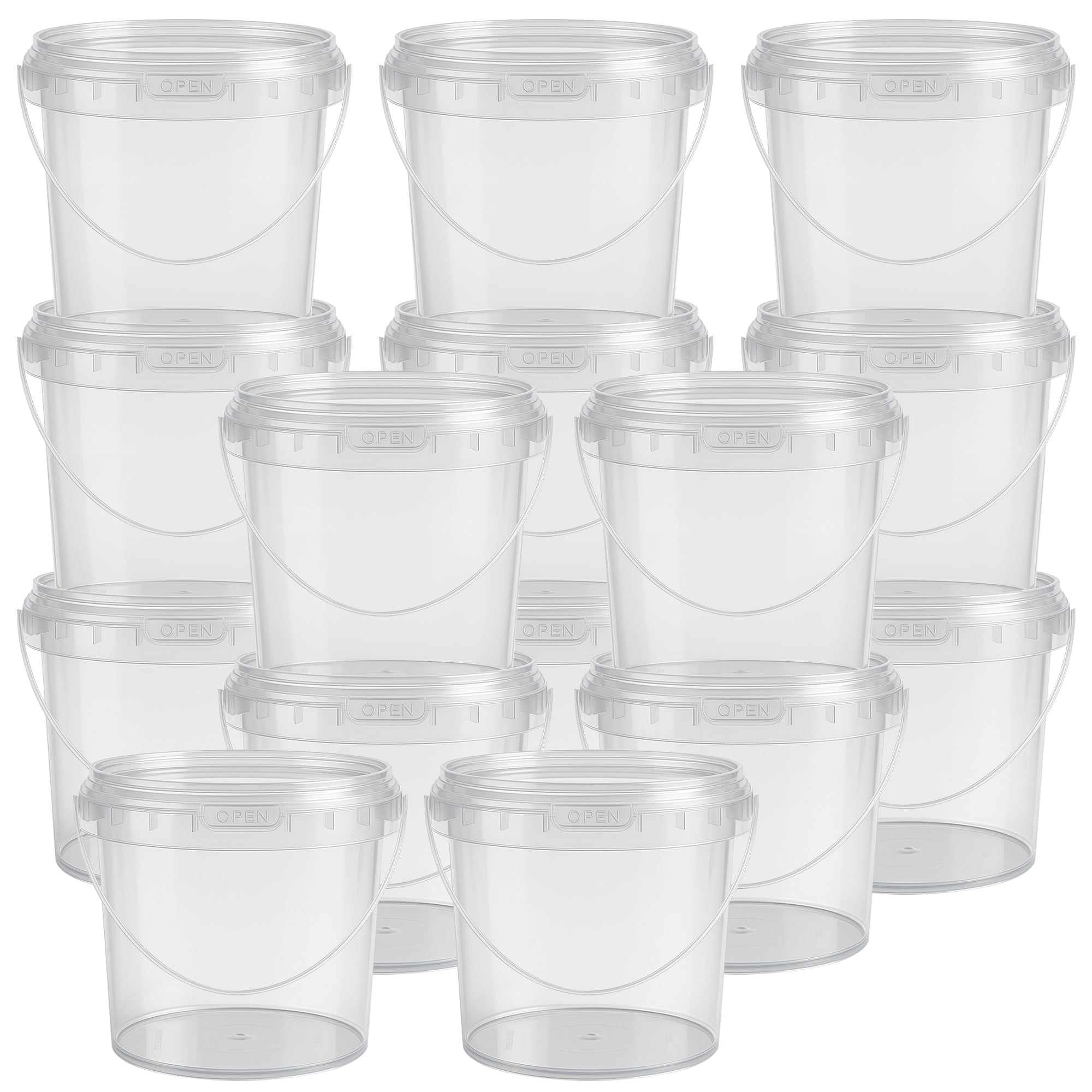 Group of twelve transparent plastic buckets neatly arranged in rows.