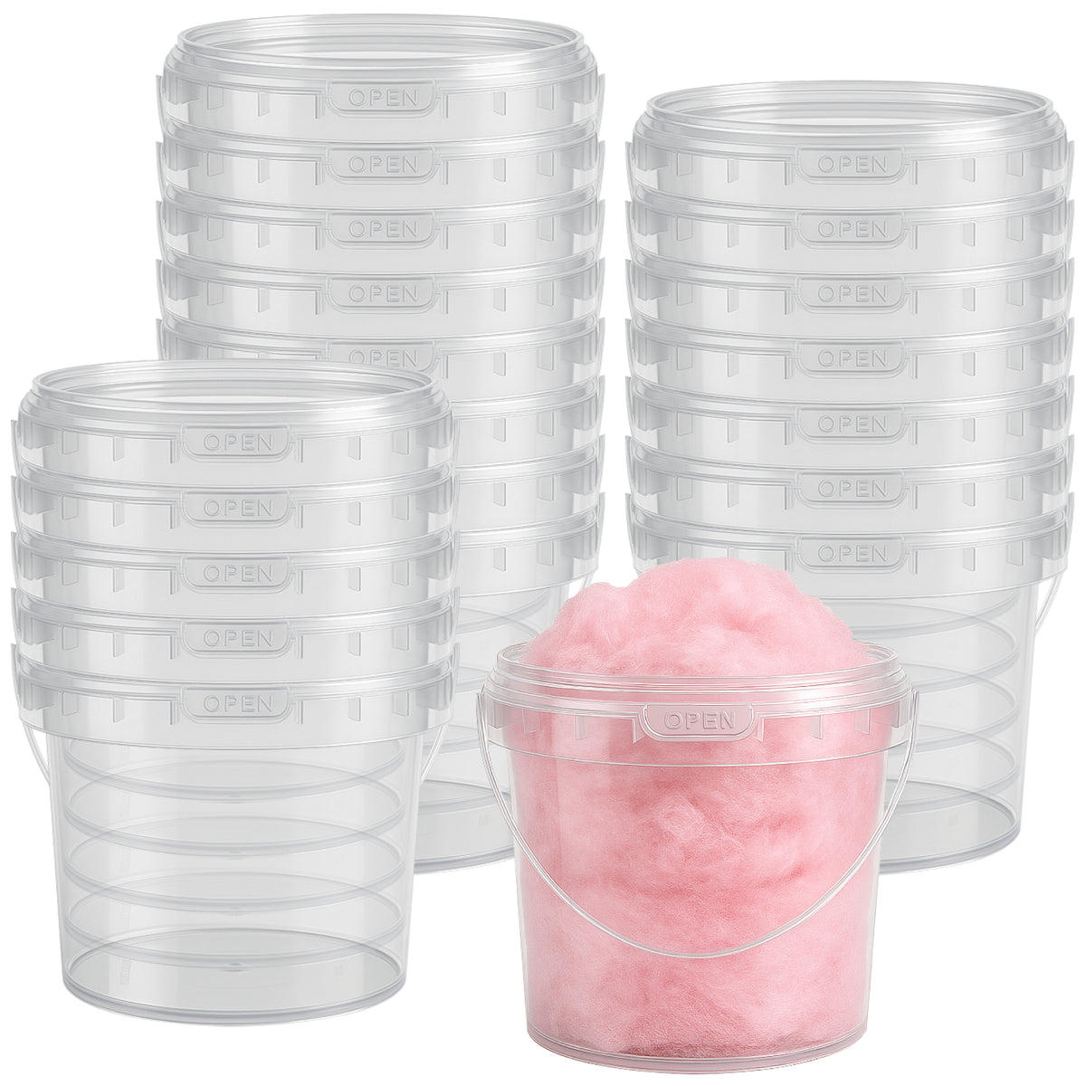Multiple clear plastic buckets stacked together, with one filled with pink cotton candy.