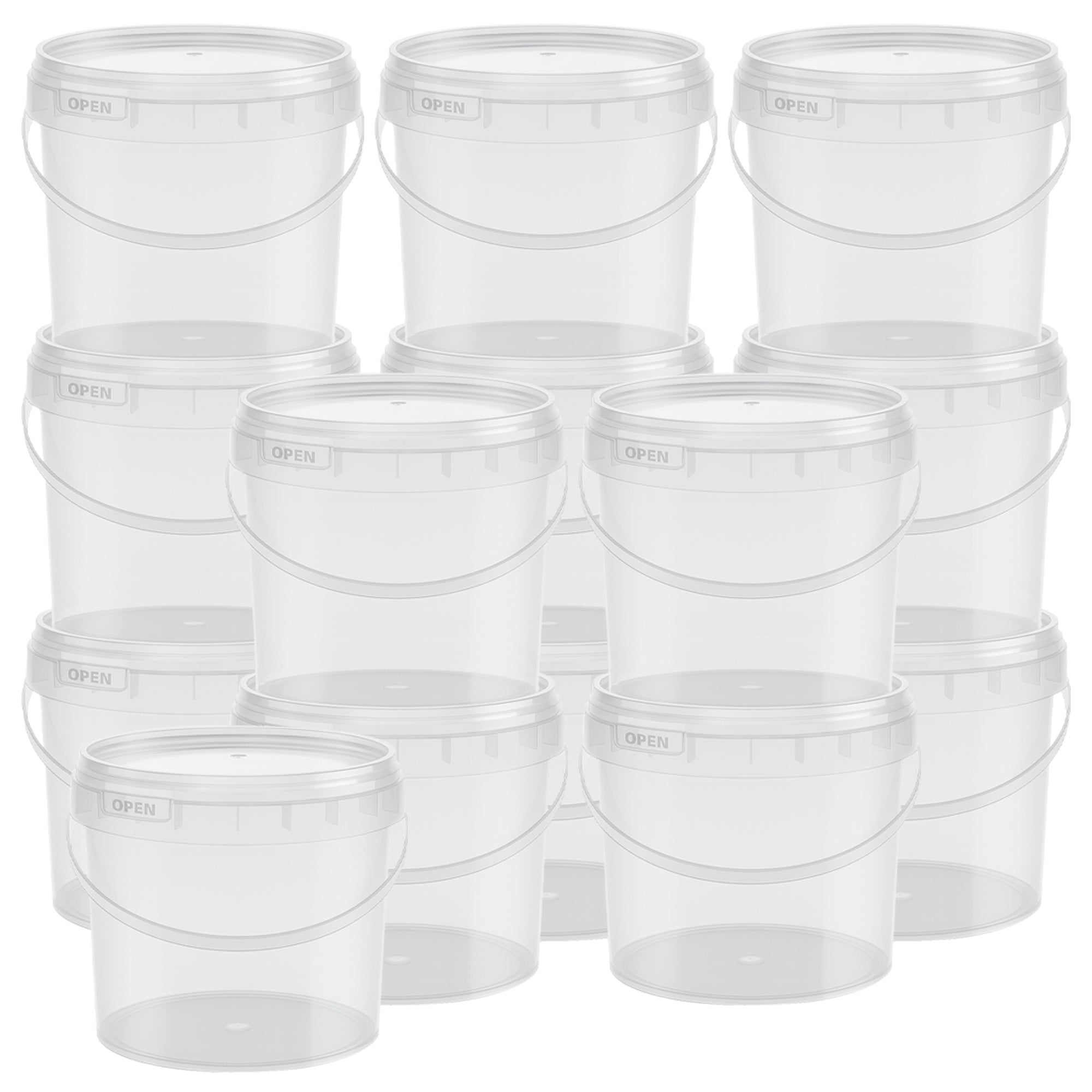 Collection of clear plastic buckets with lids and handles, displayed in a large set.