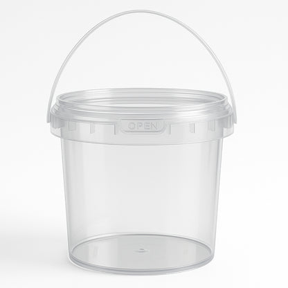 Clear plastic bucket with a handle and snap-on lid, labeled “OPEN” on the rim.