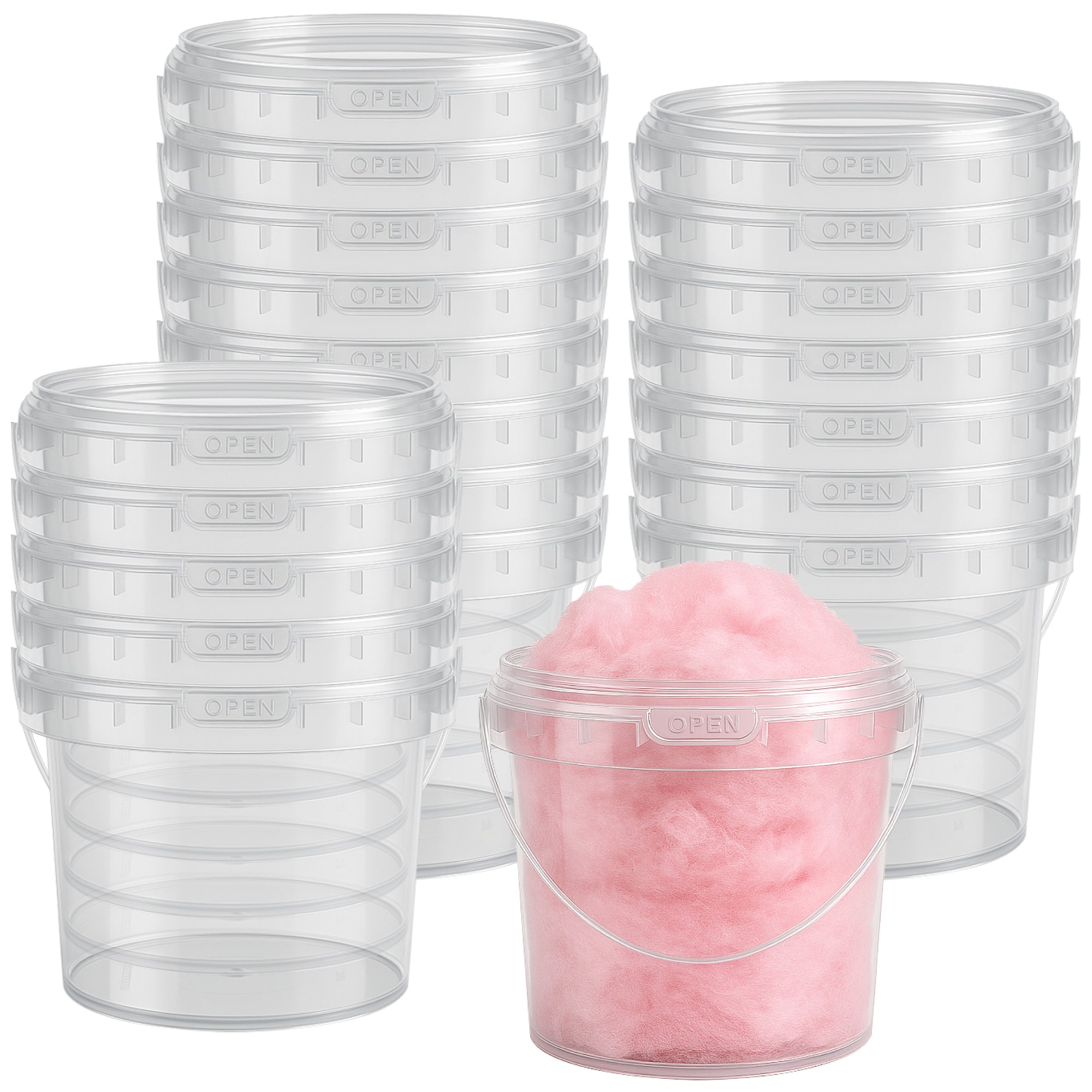 Multiple clear plastic buckets stacked together, with one filled with pink cotton candy.