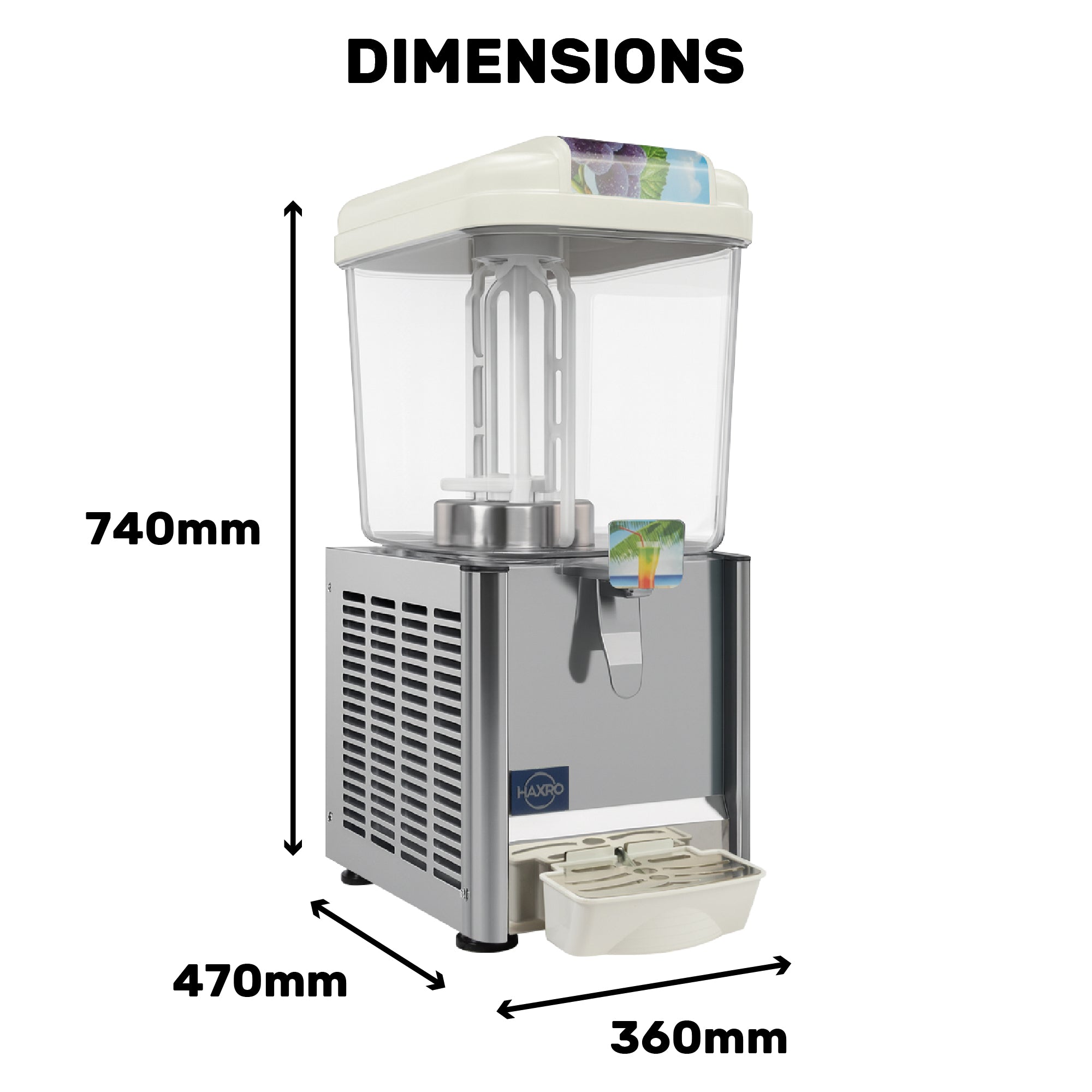 Haxro 18L Juice Dispenser dimensions – 740mm high, 470mm deep, 360mm wide