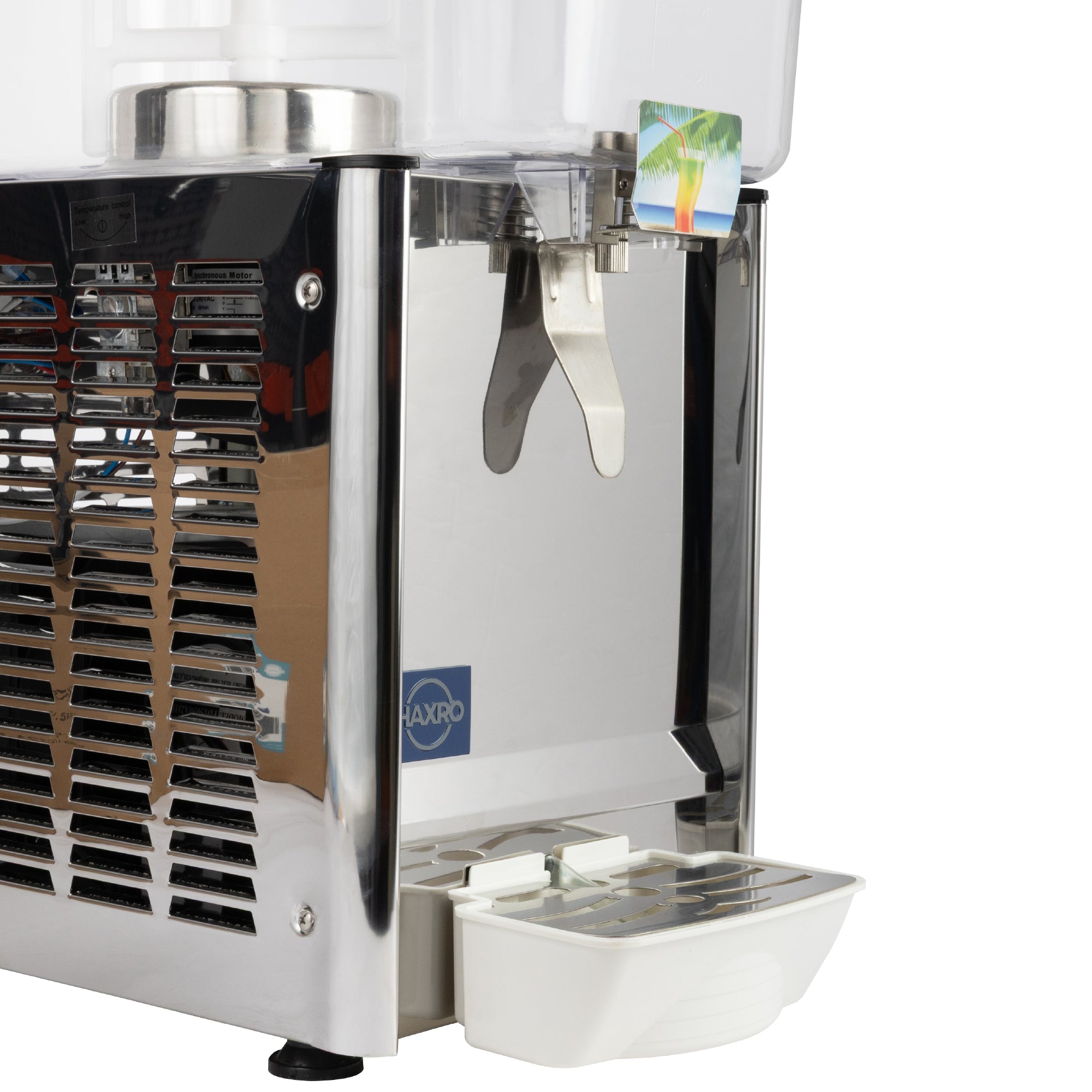 Haxro Juice Dispenser side view stainless steel vents and drink tap