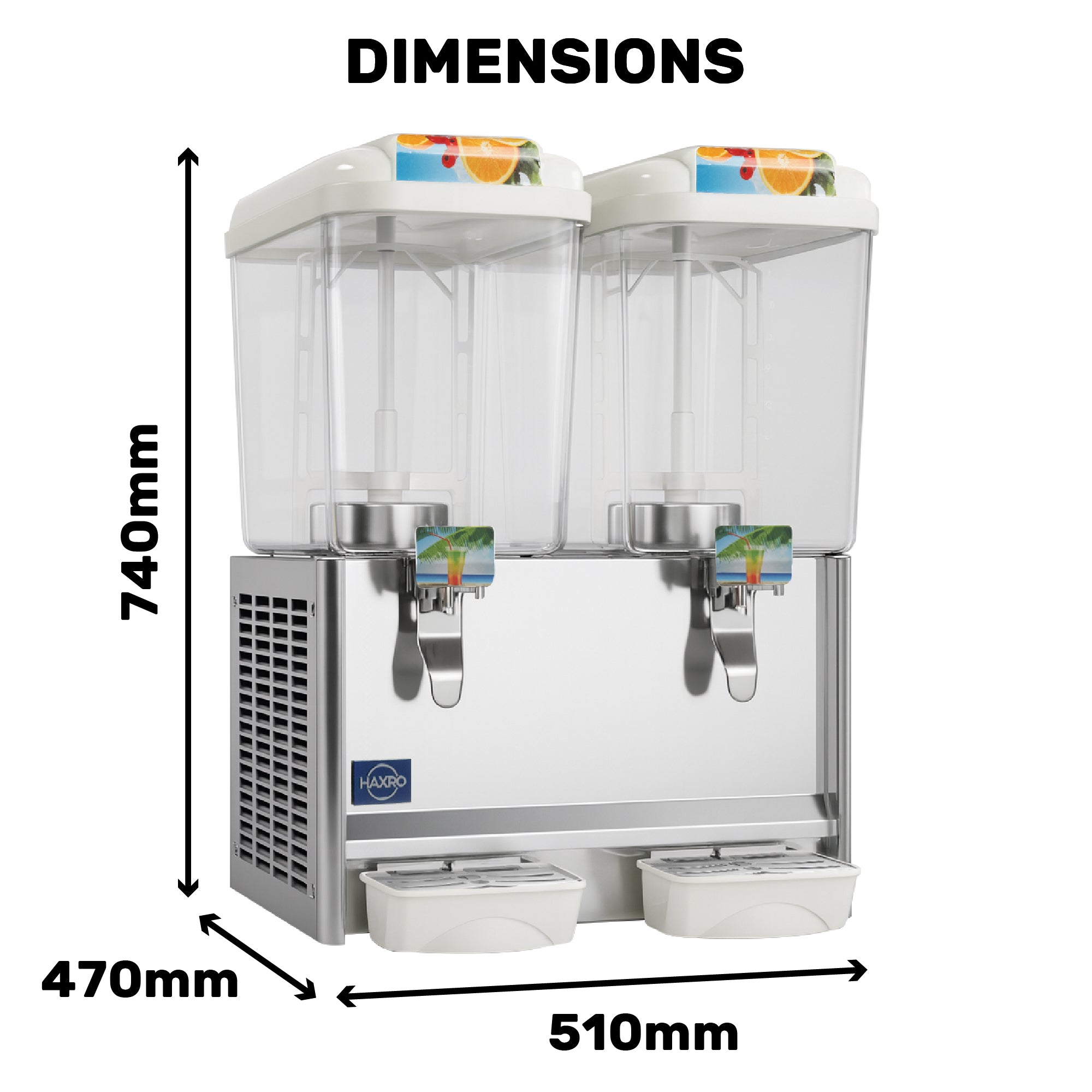 Beverage dispenser with dimensions labeled 740mm x 510mm x 470mm.