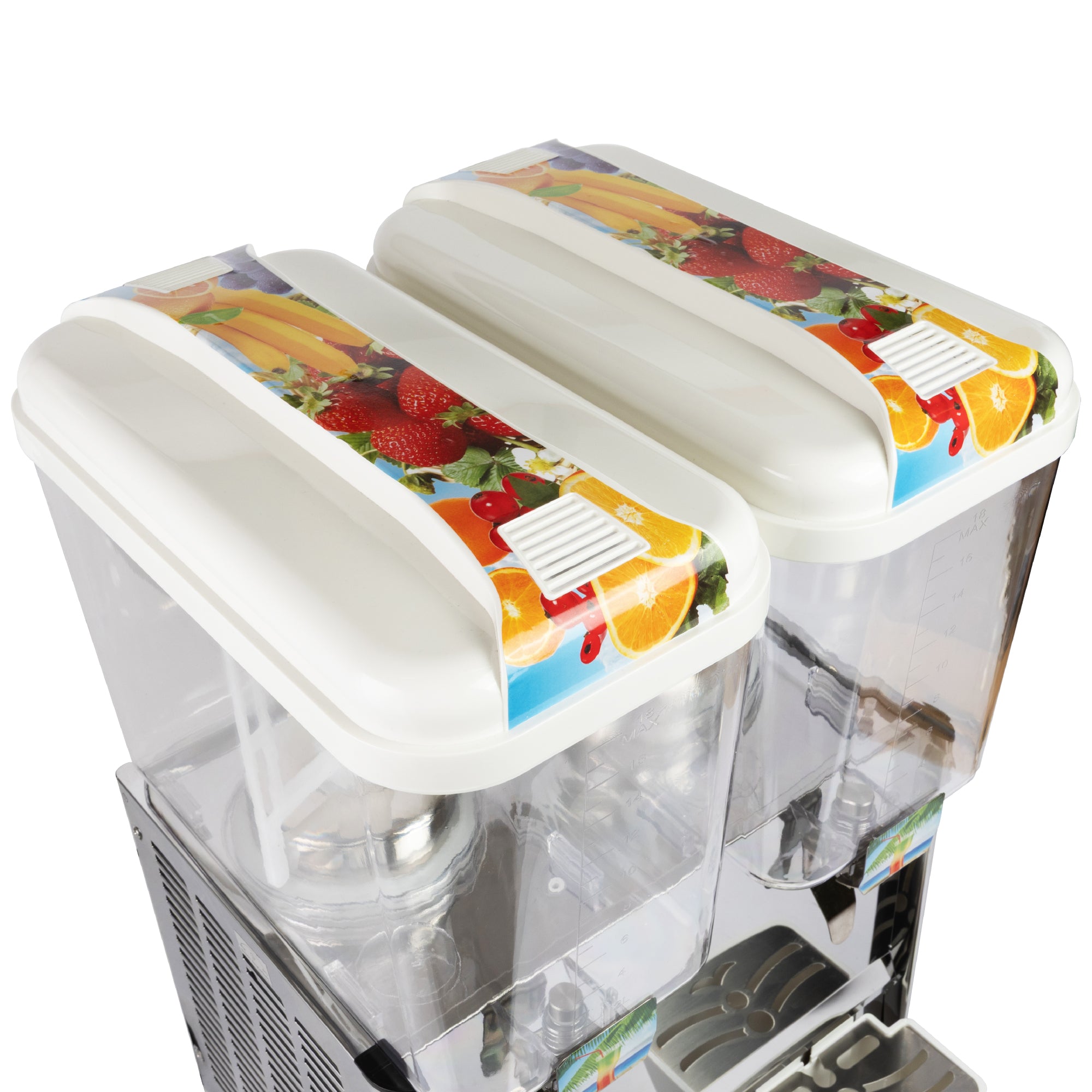 Top view showing colorful fruit-themed lids on the dispenser tanks.