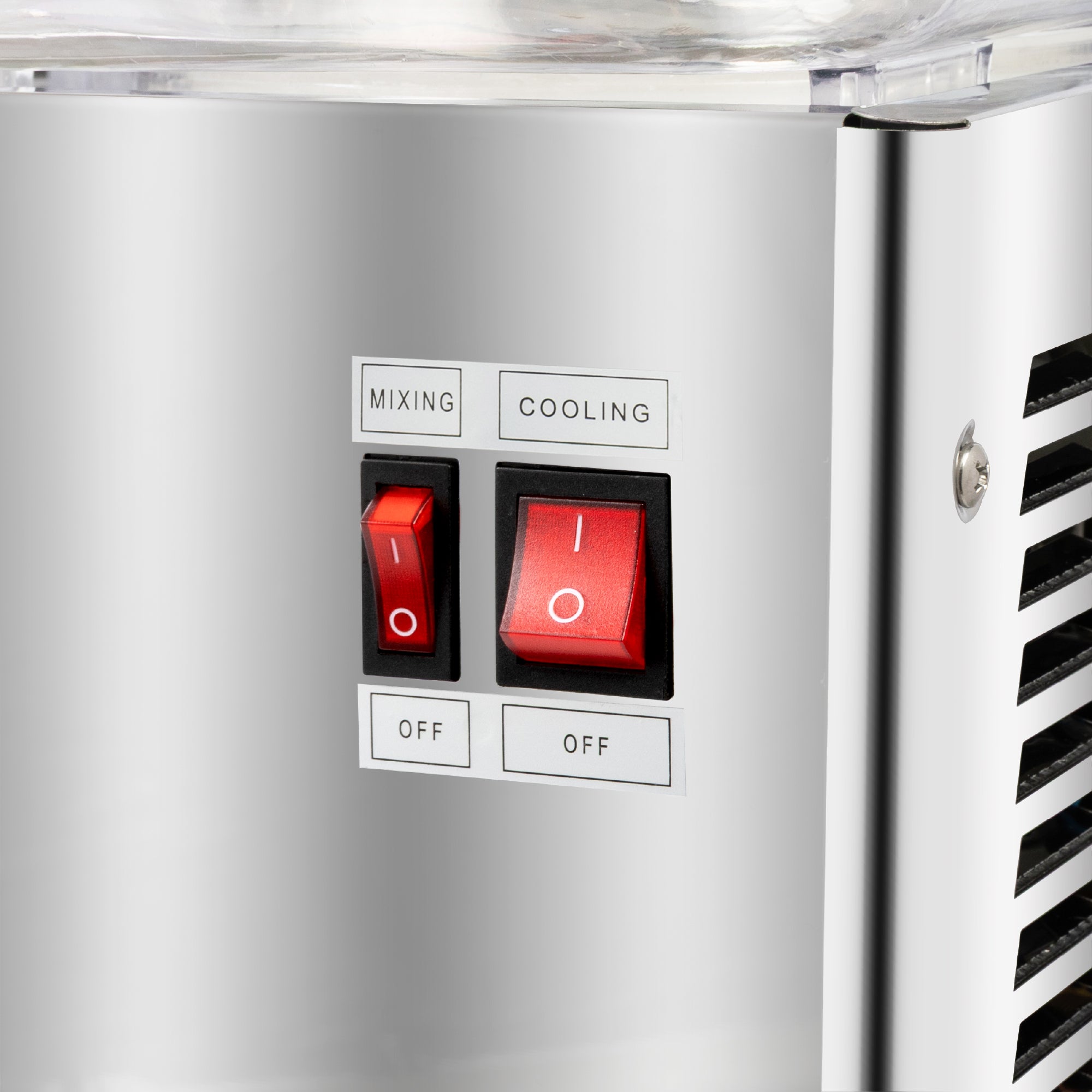 Close-up of red switches labeled “Mixing” and “Cooling” on the dispenser.