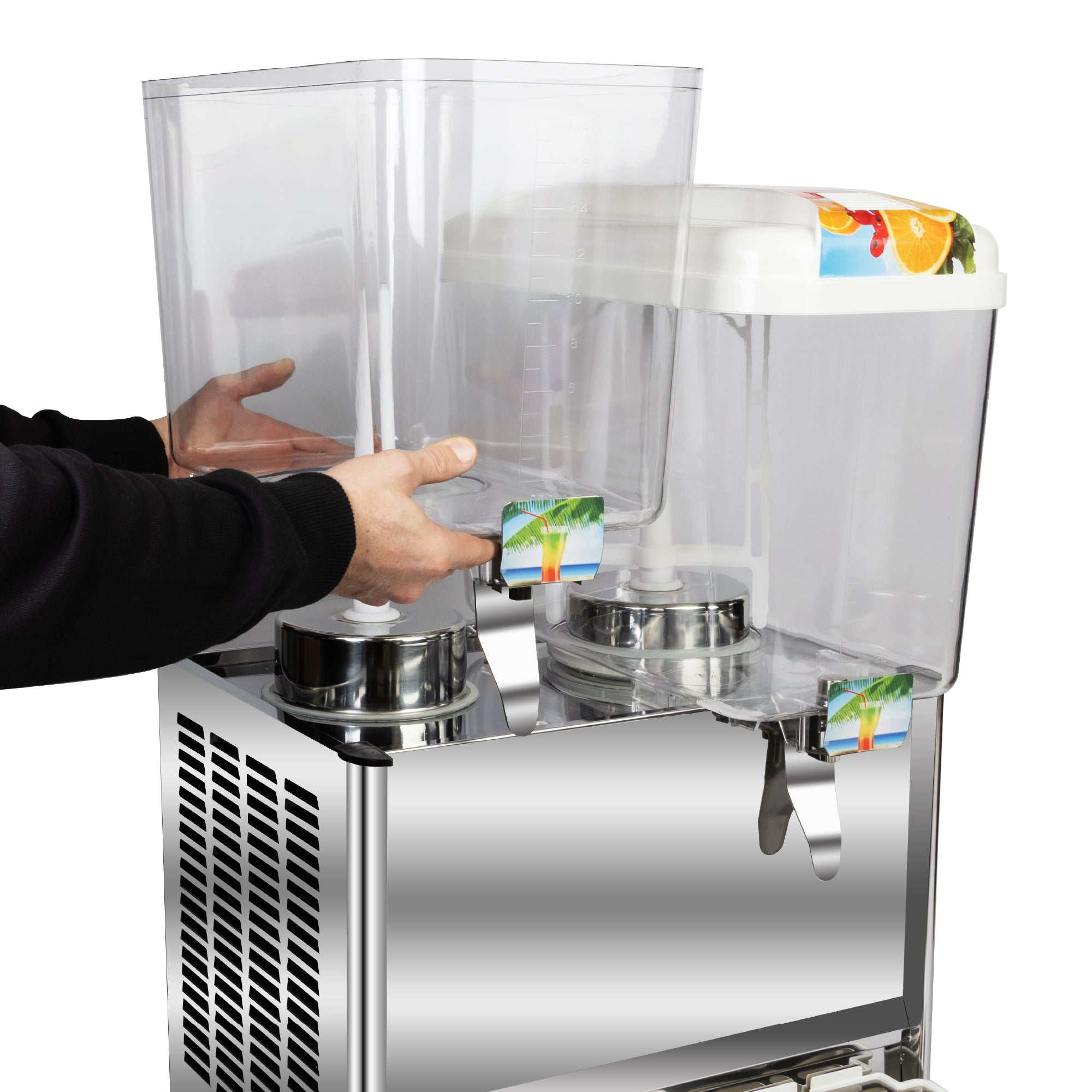 Person removing one of the clear beverage tanks from the dispenser.