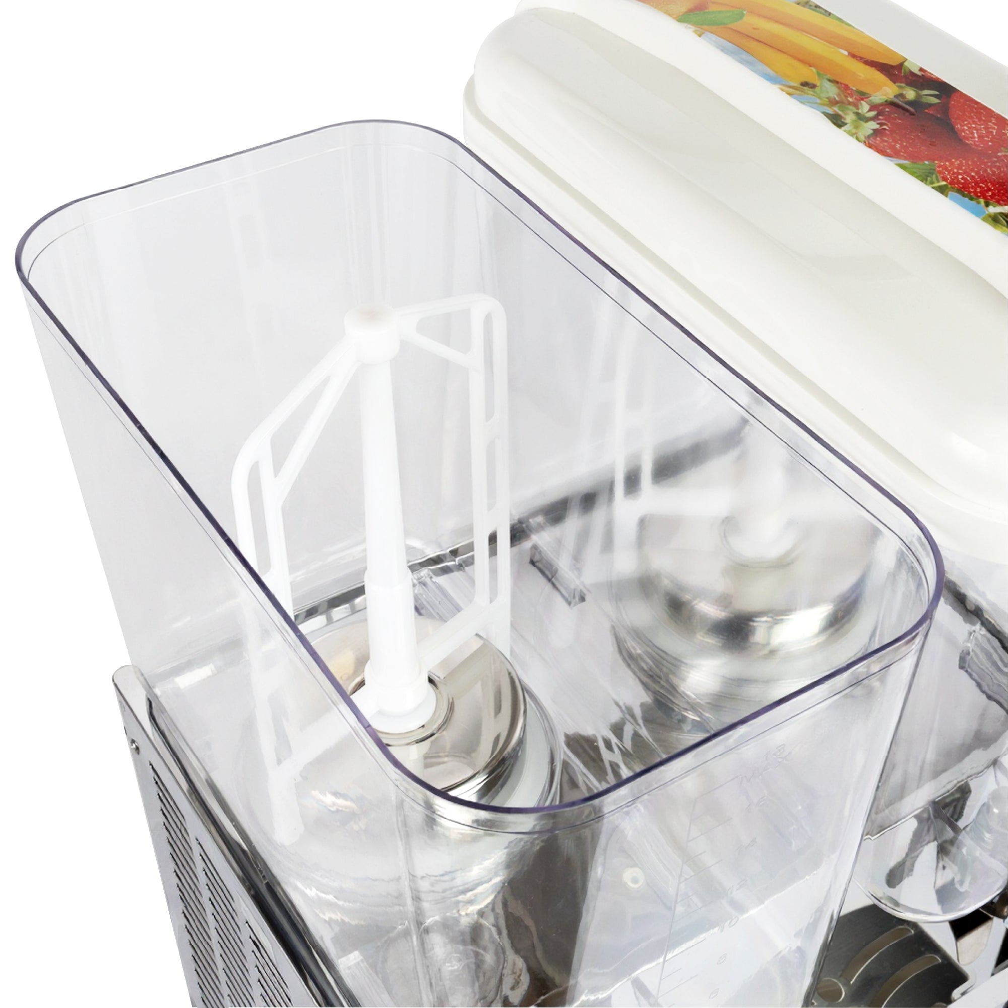 Top view showing the internal mixing paddles inside the clear tanks.