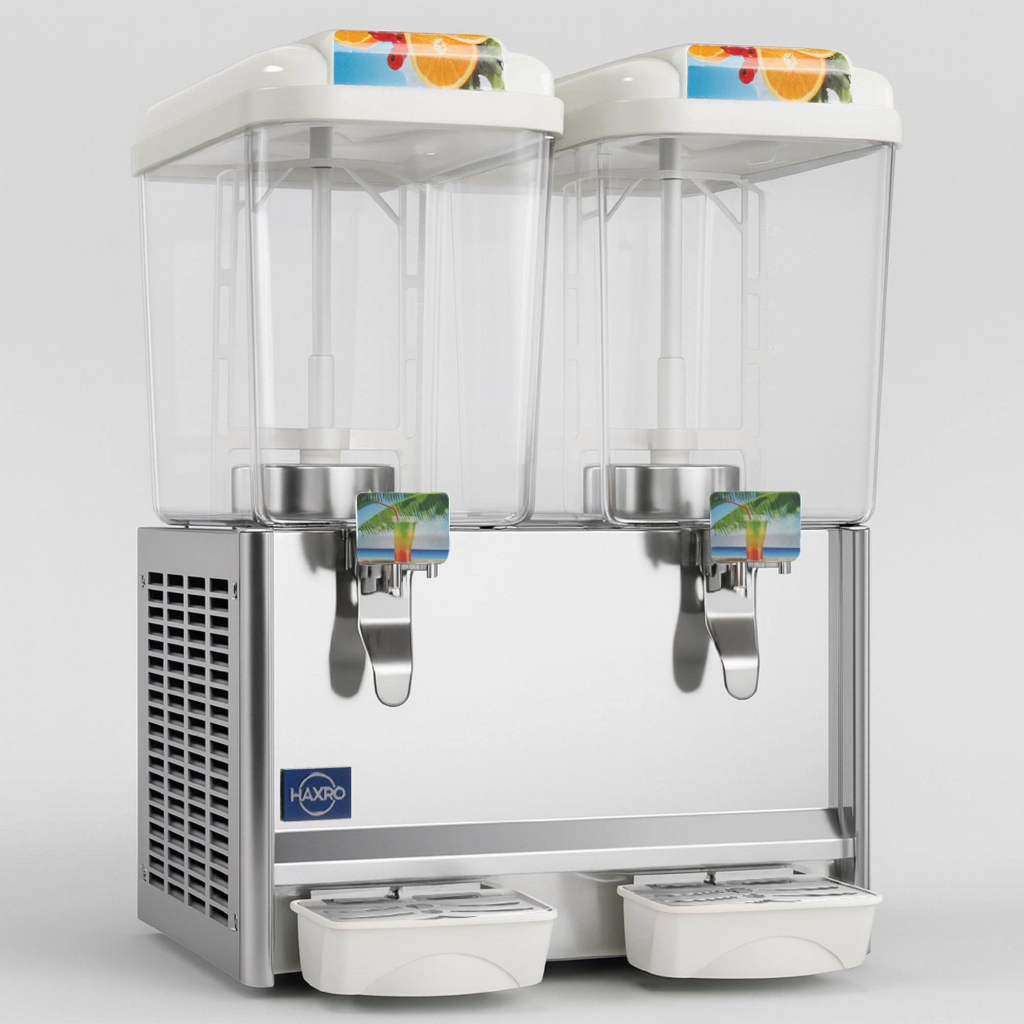 Dual-tank commercial beverage dispenser with transparent containers and stainless steel base.