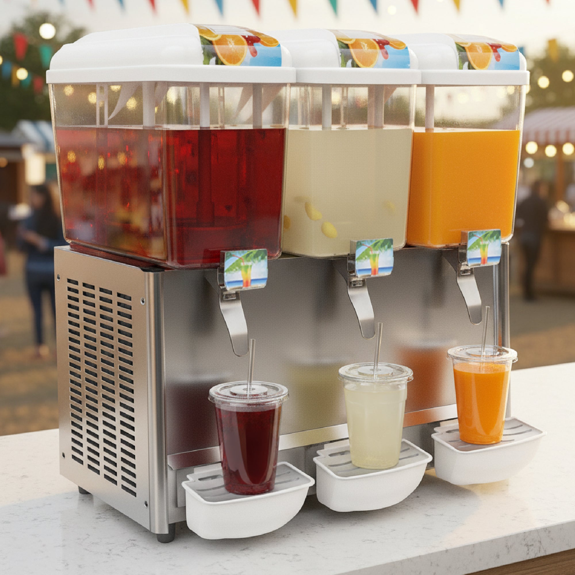 Triple beverage dispenser set up outdoors at a market or fair, containing red, yellow, and orange drinks, with three filled plastic cups placed on the drip trays in front.