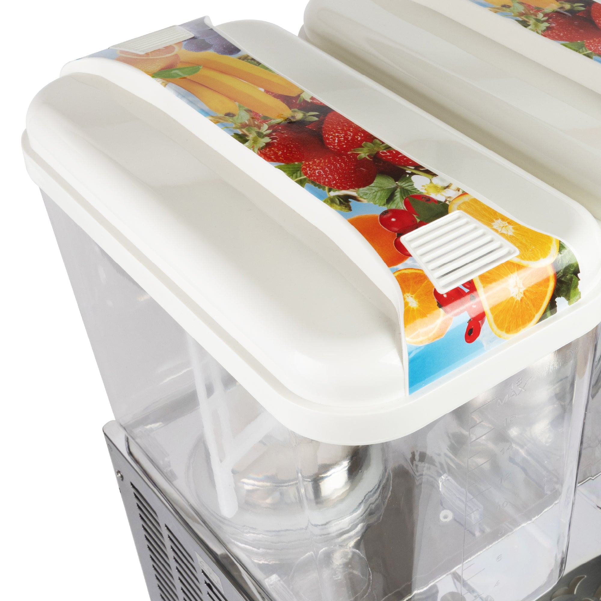 Close-up of a commercial juice dispenser lid with colorful fruit graphics including strawberries, oranges, and bananas.