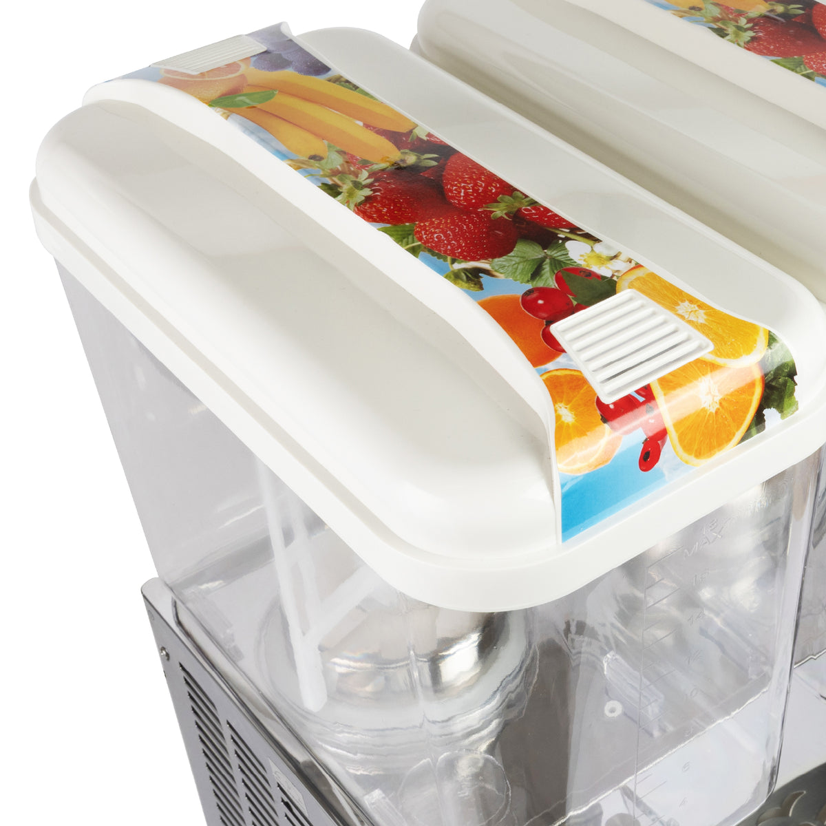 Close-up of a commercial juice dispenser lid with colorful fruit graphics including strawberries, oranges, and bananas.