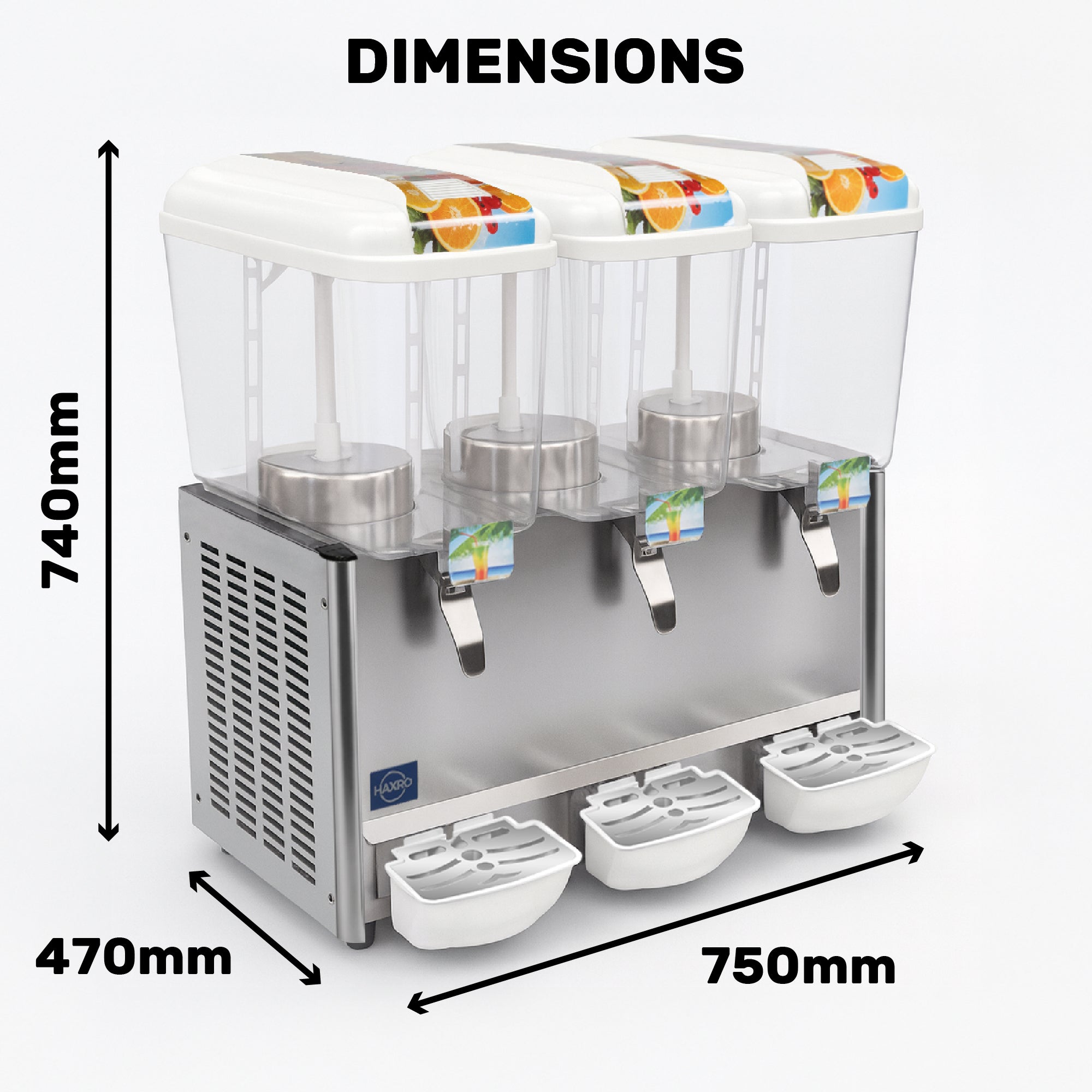 Triple-tank commercial juice dispenser with labeled dimensions — 740mm height, 470mm depth, and 750mm width.