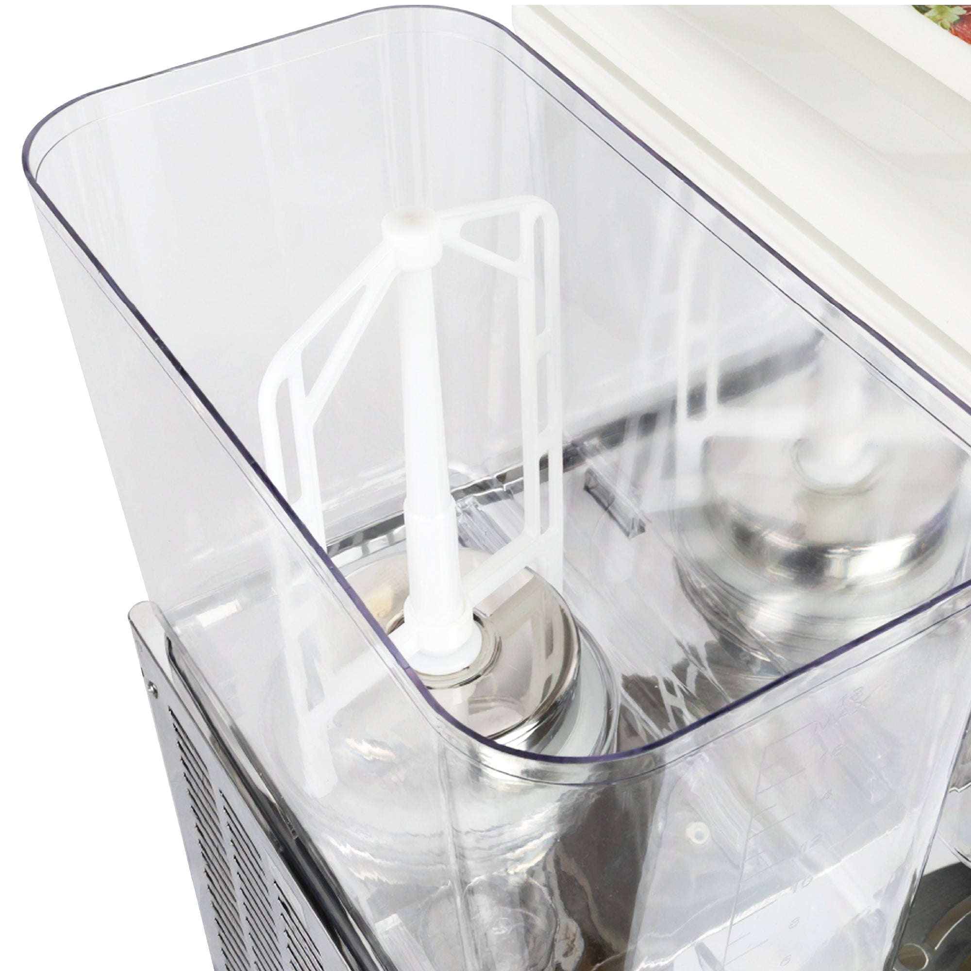 A close-up view of an empty commercial beverage dispenser with a transparent container and a white mixing paddle inside.