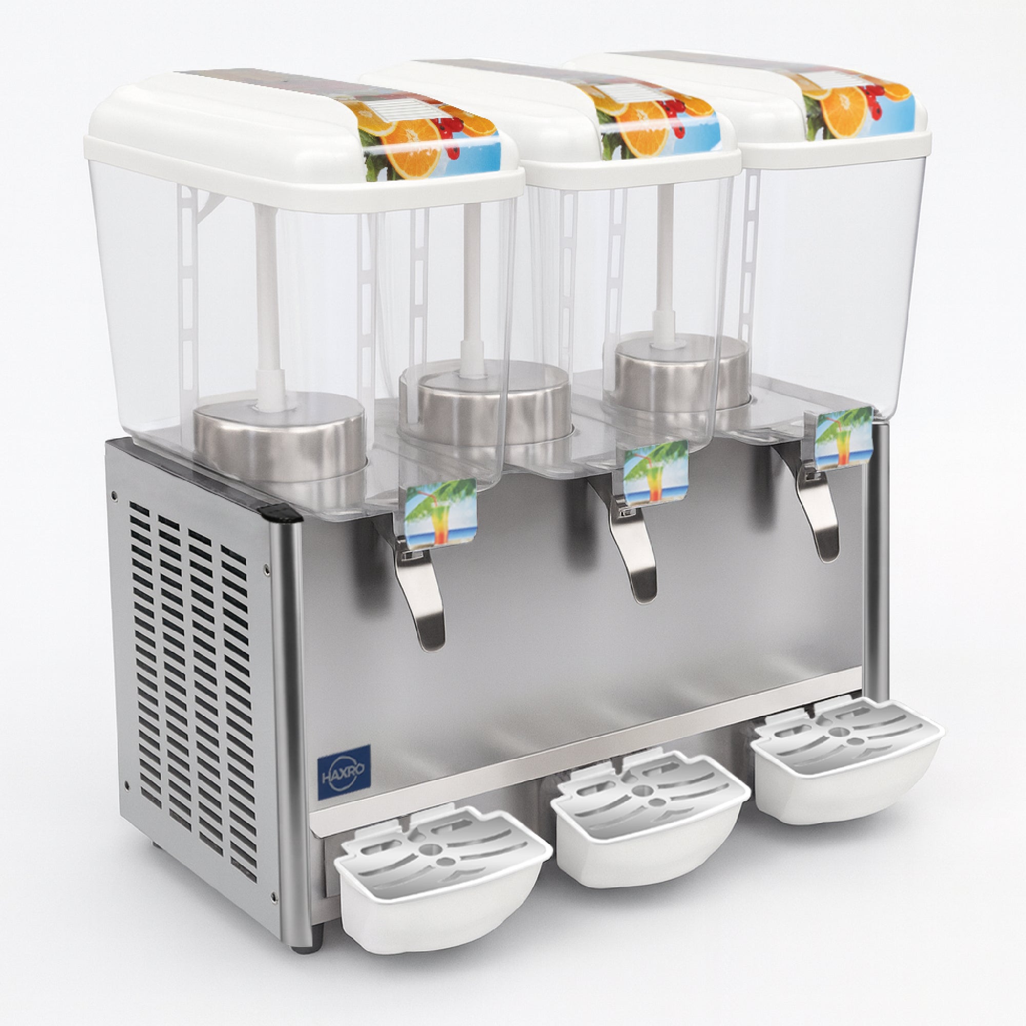 HAXRO Juice Dispenser 3 x 18L triple bowl cold drink dispenser with stainless steel base, clear tanks, and drip trays – ideal for serving chilled juice, iced tea, and cold beverages in cafés, restaurants, and catering events.