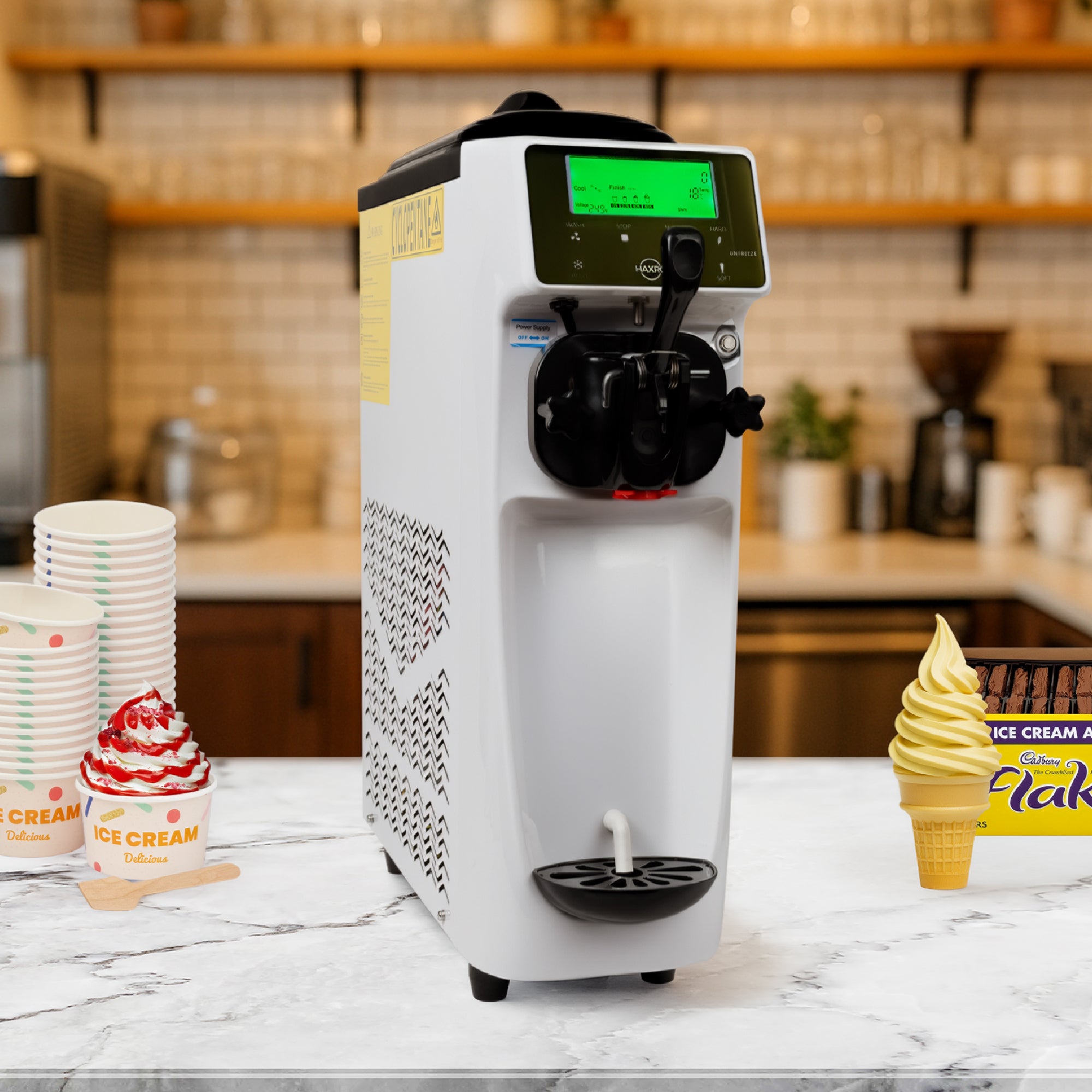 HAXRO Single Soft Serve Ice Cream Machine displayed in café setting – ideal for serving soft-serve cones and desserts.
