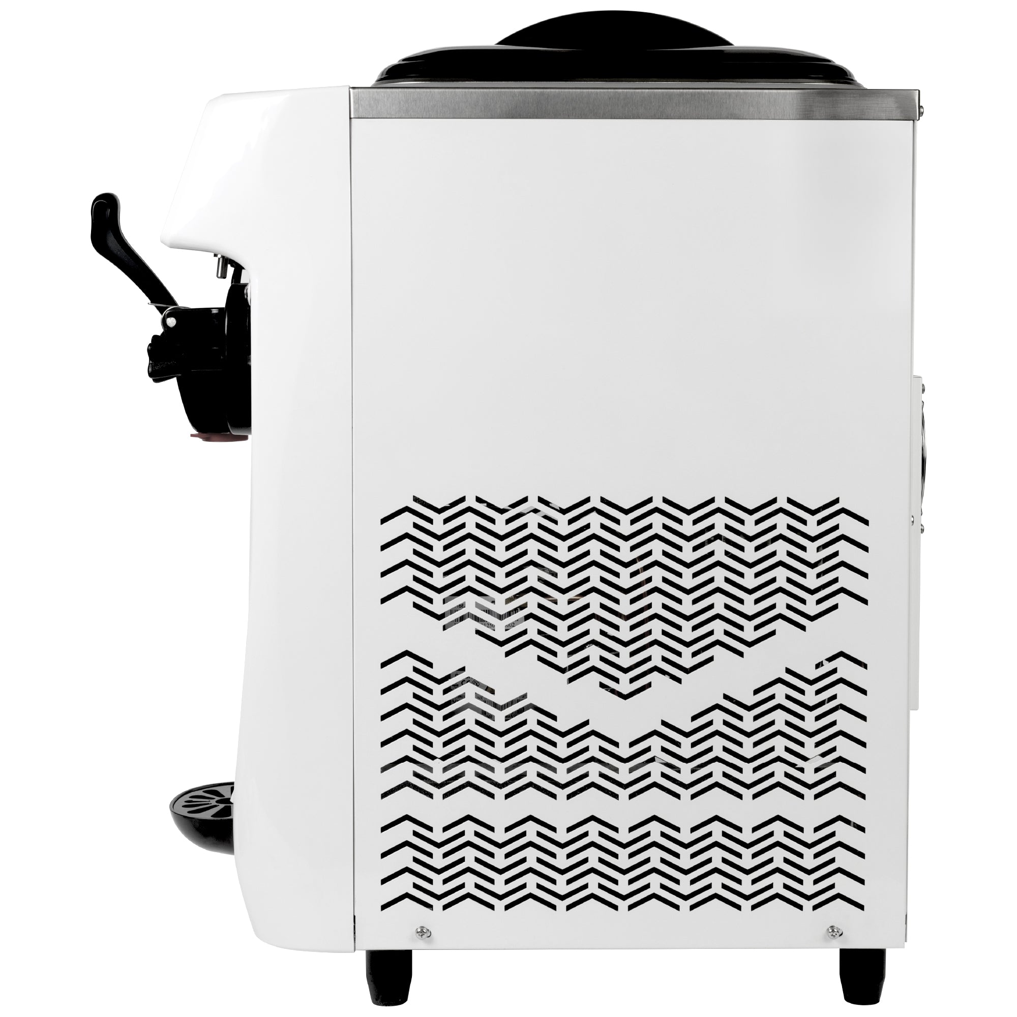 Side view of HAXRO Single Soft Serve Ice Cream Machine showing ventilation panel and slim stainless steel design.