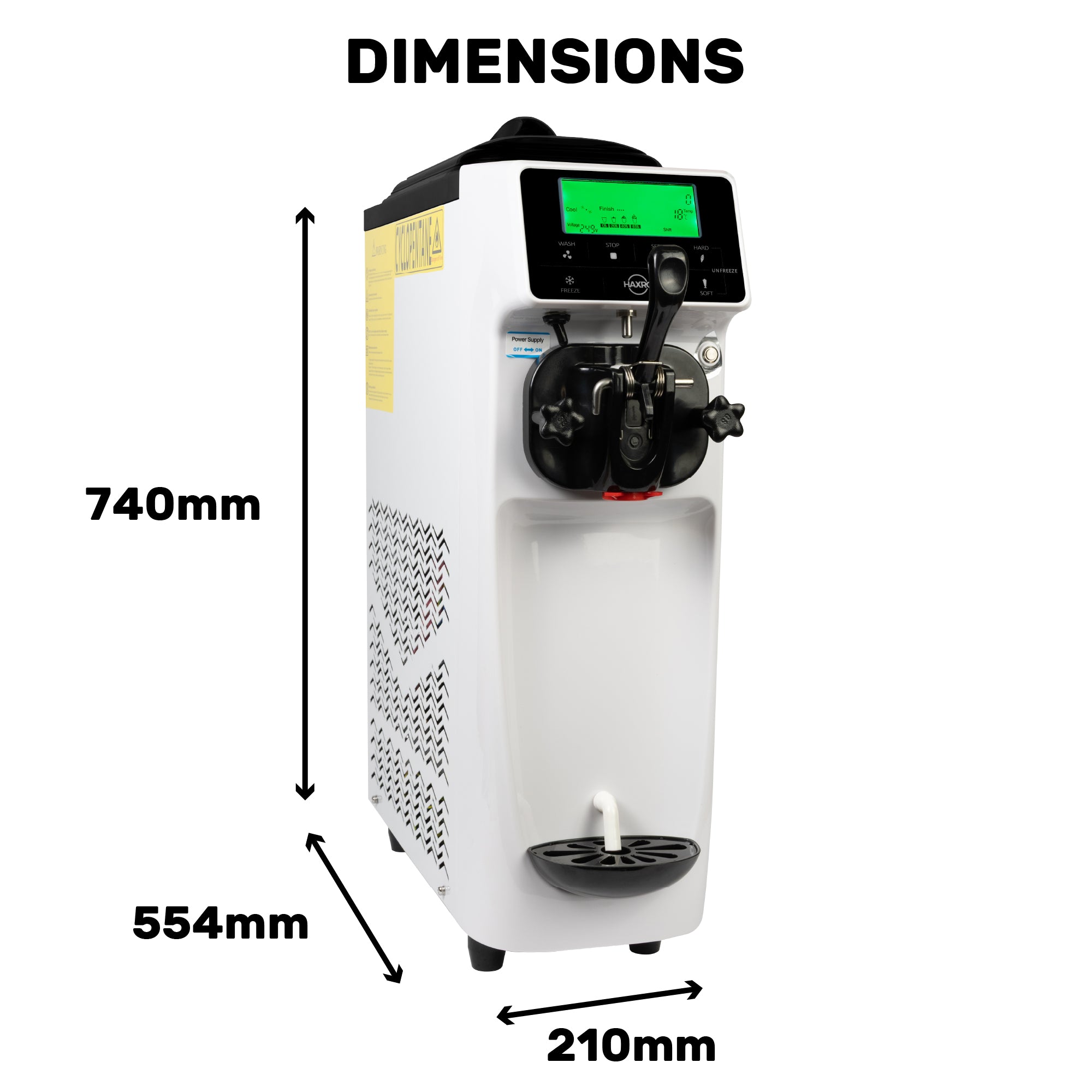 HAXRO Single Soft Serve Ice Cream Machine with dimensions – 740 mm height, 554 mm depth, 210 mm width.