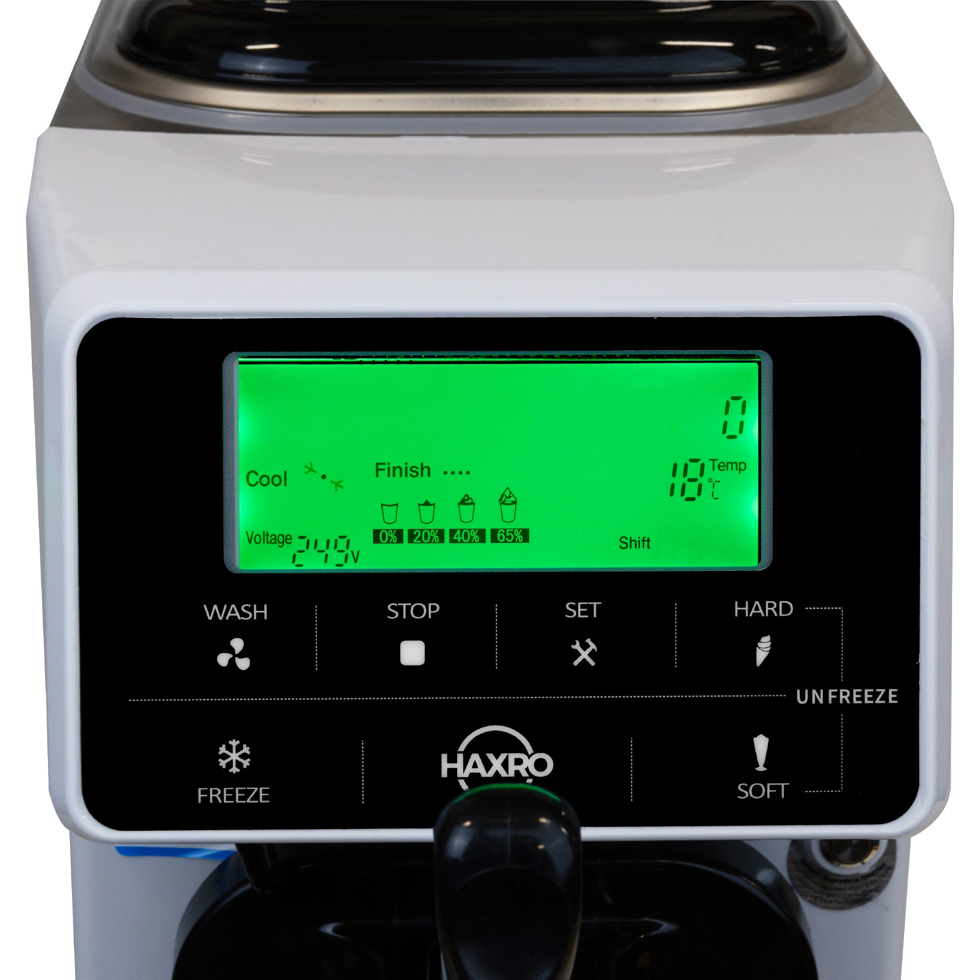 HAXRO Ice Cream Machine control panel with illuminated digital screen and adjustable settings.