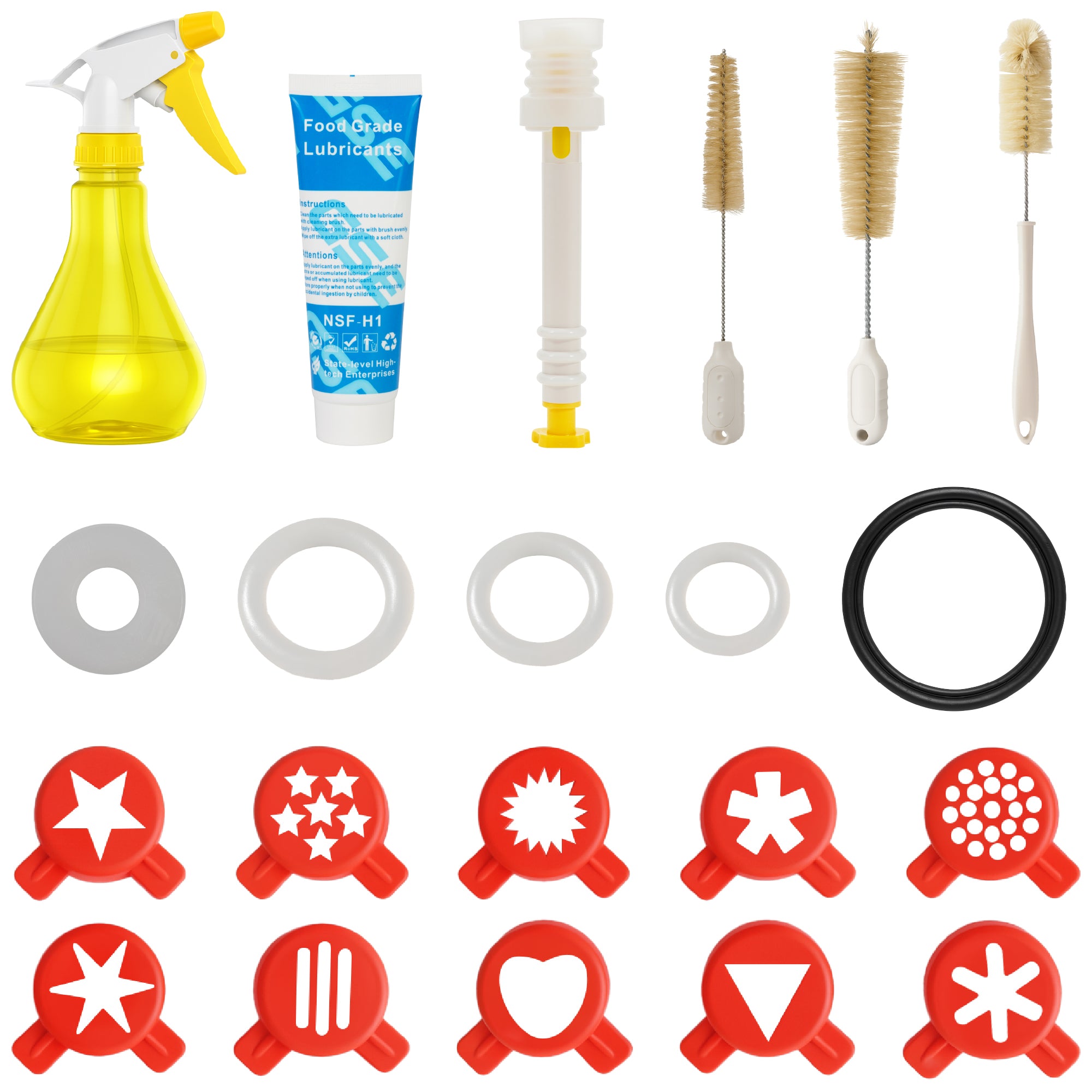 HAXRO Ice Cream Machine accessories kit – cleaning brushes, lubricant, seals, and nozzle shape attachments.