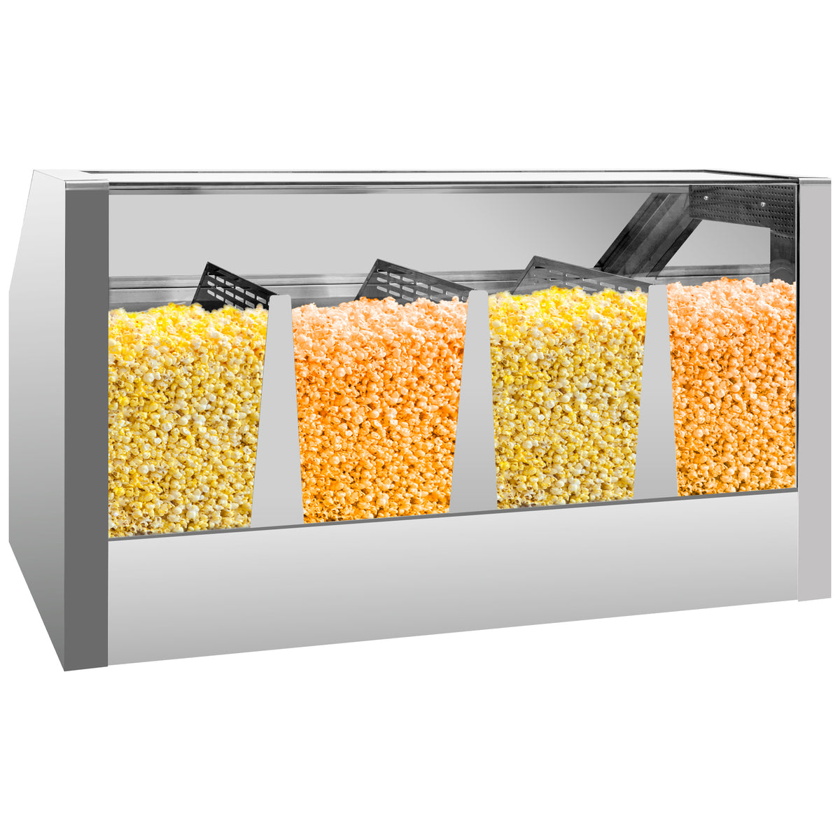 A stainless steel popcorn dispenser with four compartments, each filled with different types of popcorn: yellow, orange, and a mix of both.