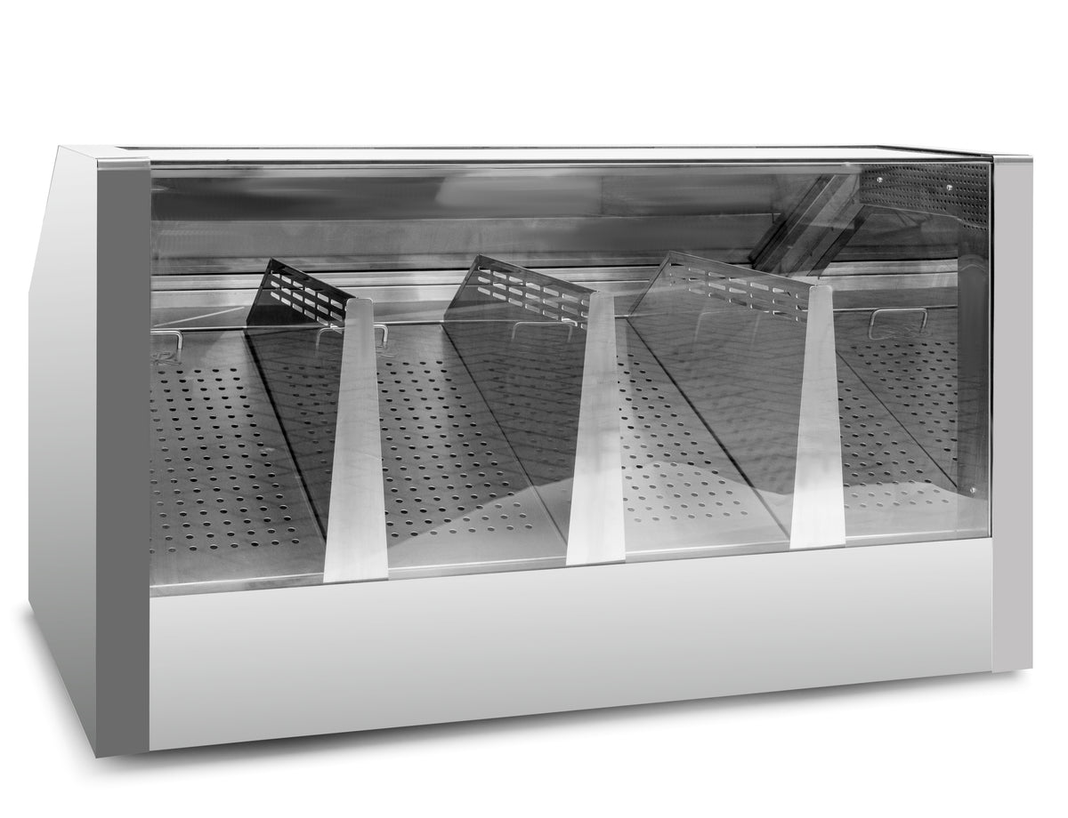 Empty stainless steel food display case with angled perforated trays and transparent glass top, designed for showcasing deli or buffet items.