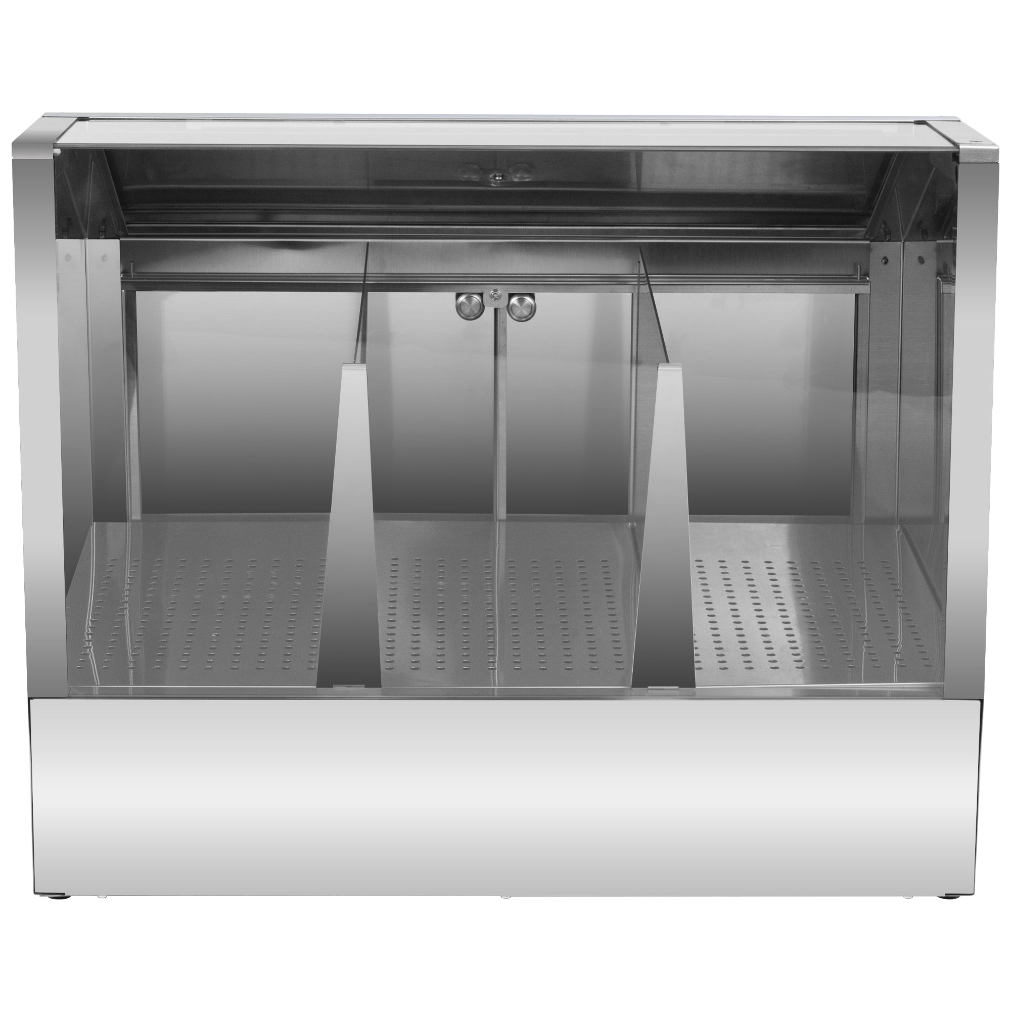 Commercial stainless steel heated food display case with glass front and three internal slotted compartments.