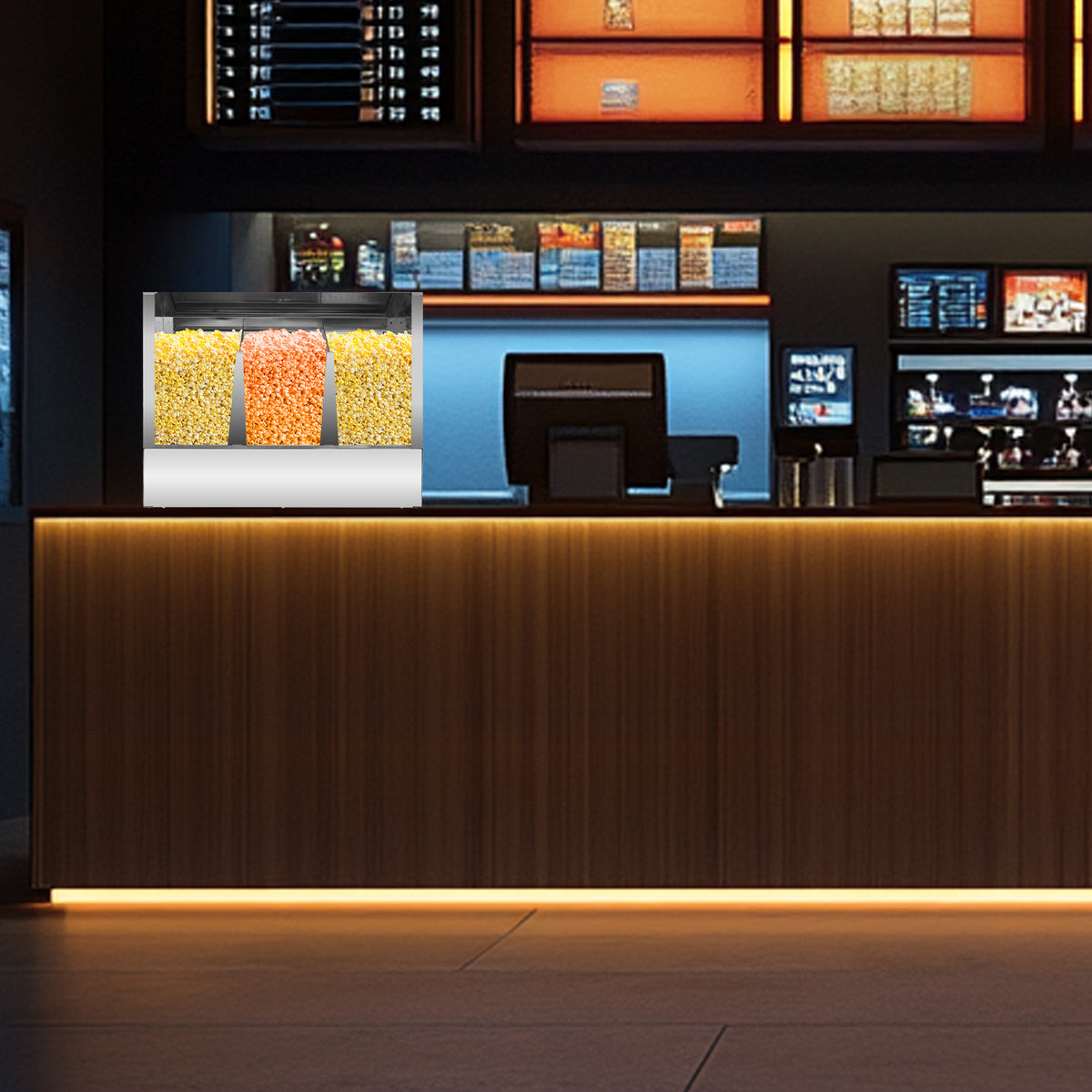 Dark, modern concession stand counter featuring a three-bin popcorn dispenser with yellow and orange kernels in a dimly lit cinema lobby.