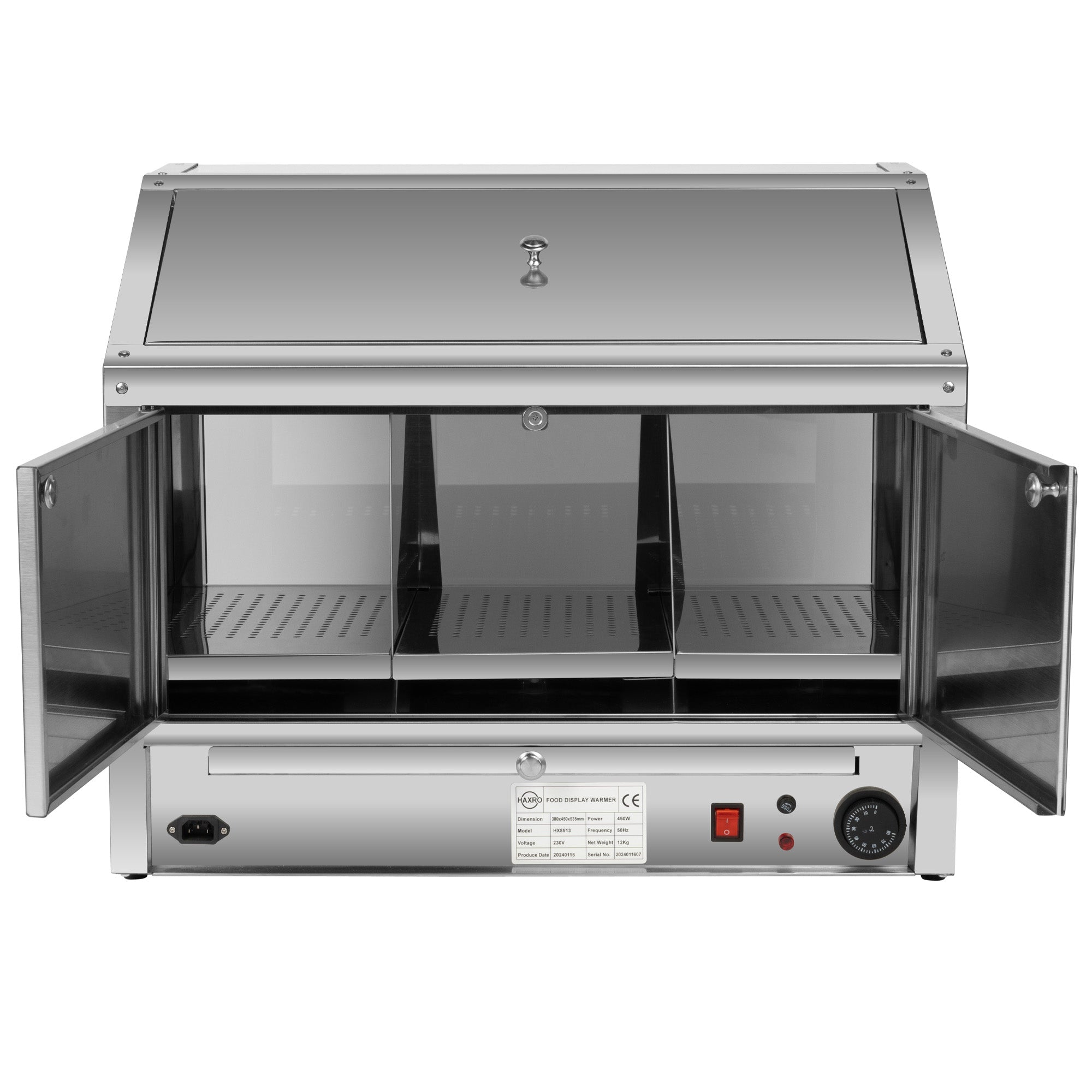 Stainless steel commercial food display warmer with the top lid closed and dual front access doors open, revealing three interior compartments.