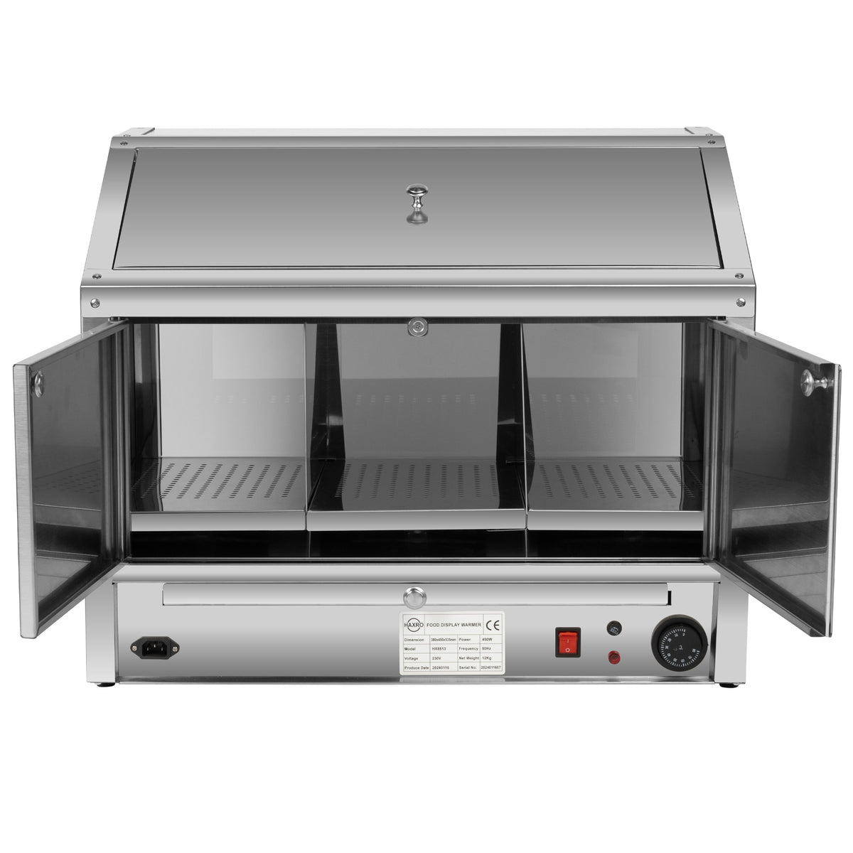 Stainless steel commercial food display warmer with the top lid closed and dual front access doors open, revealing three interior compartments.