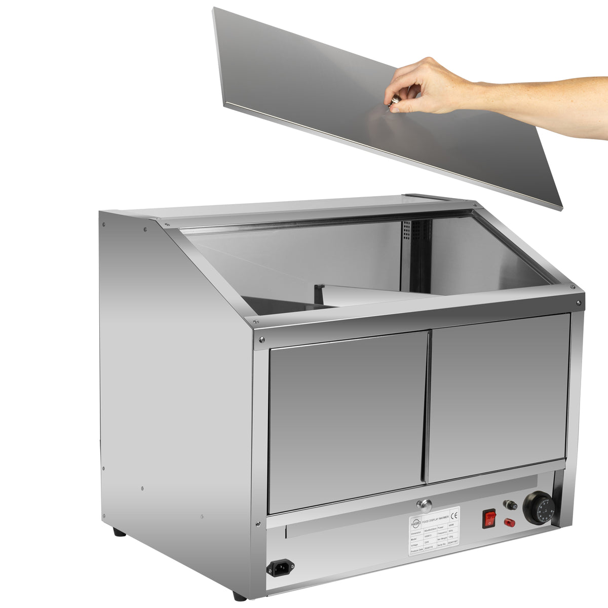 Stainless steel commercial refrigerated bain-marie unit with a hand lifting the hinged top lid against a white background.