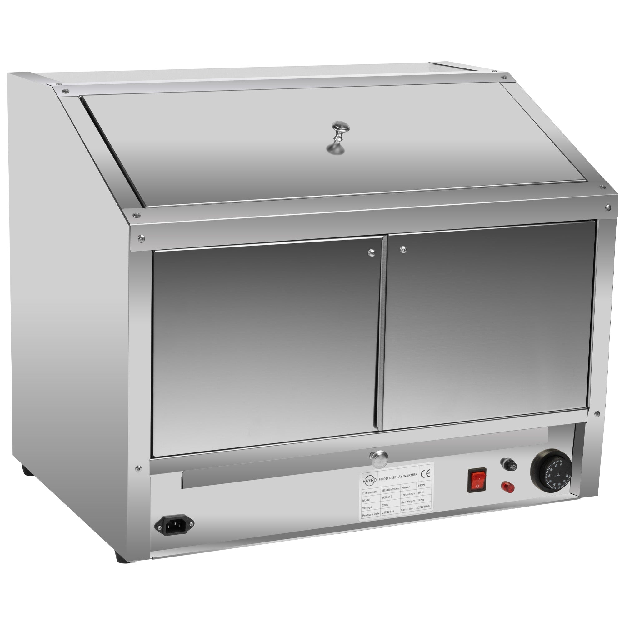 Stainless steel commercial food display warmer unit with an angled top lid and two front access doors.